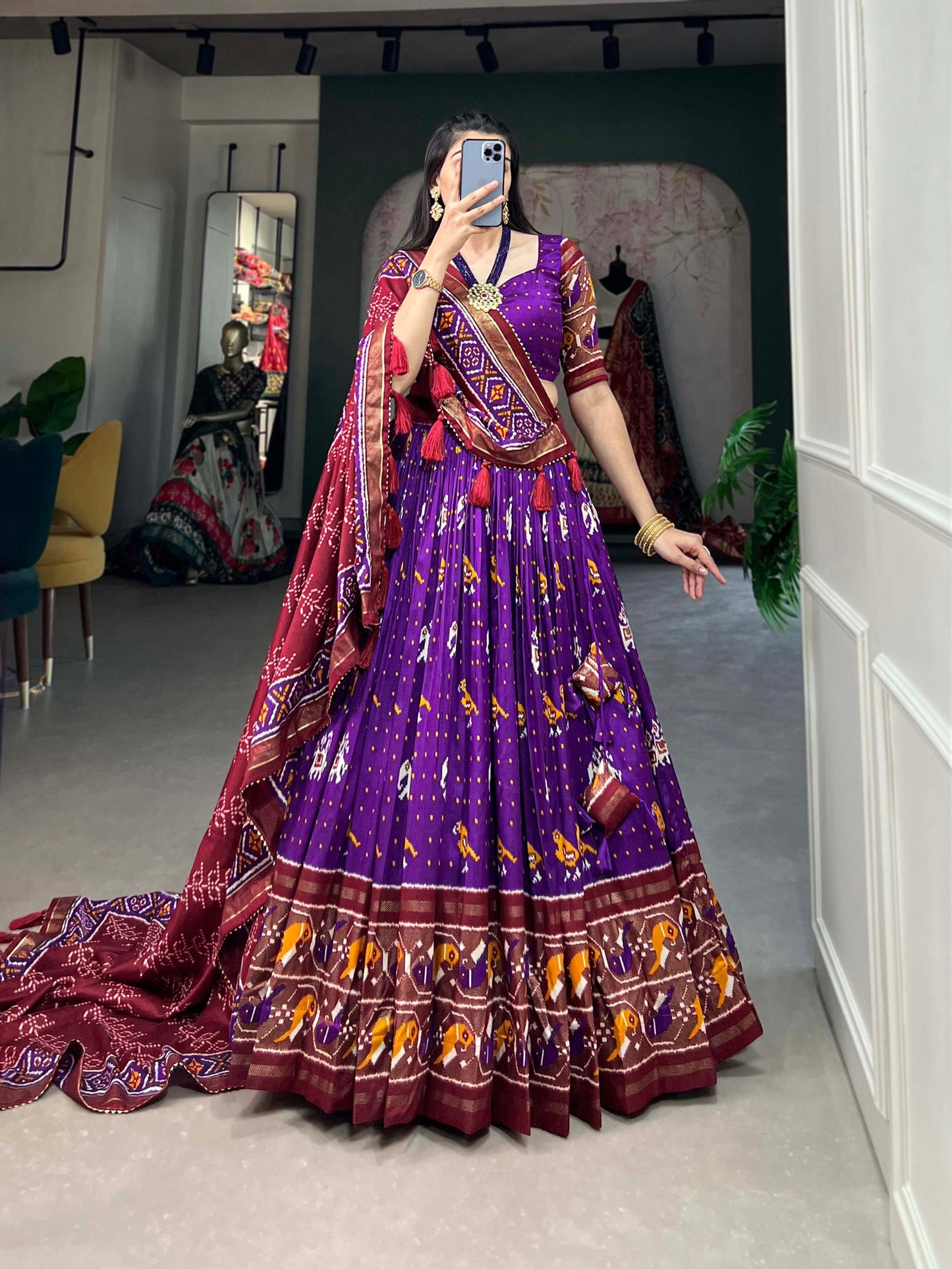 Amazing Purple Colored Tussar Silk Patola Printed Lehenga Choli