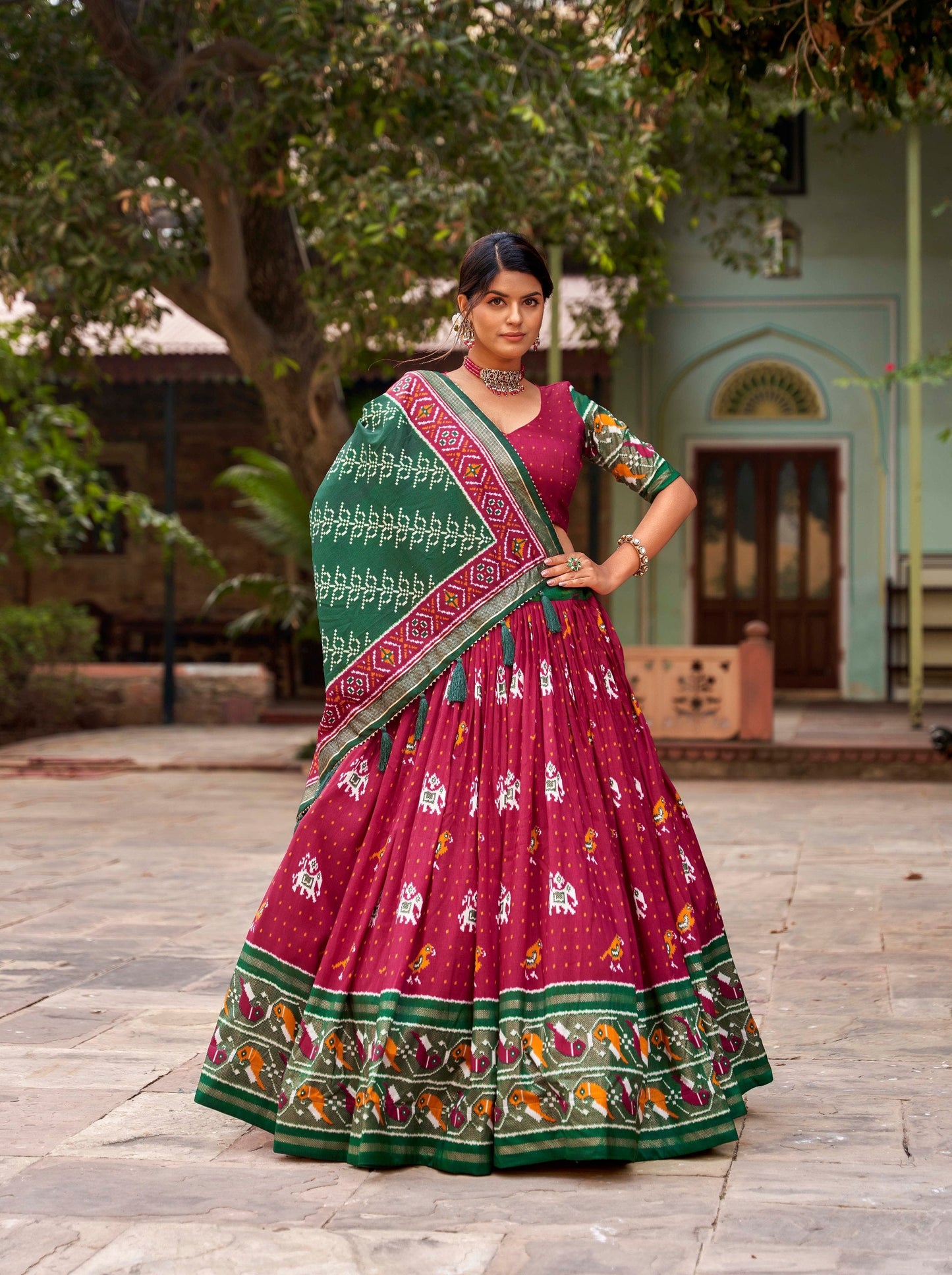 Dazzling Red Tussar Silk Patola Printed Foil Worked Lehenga Choli