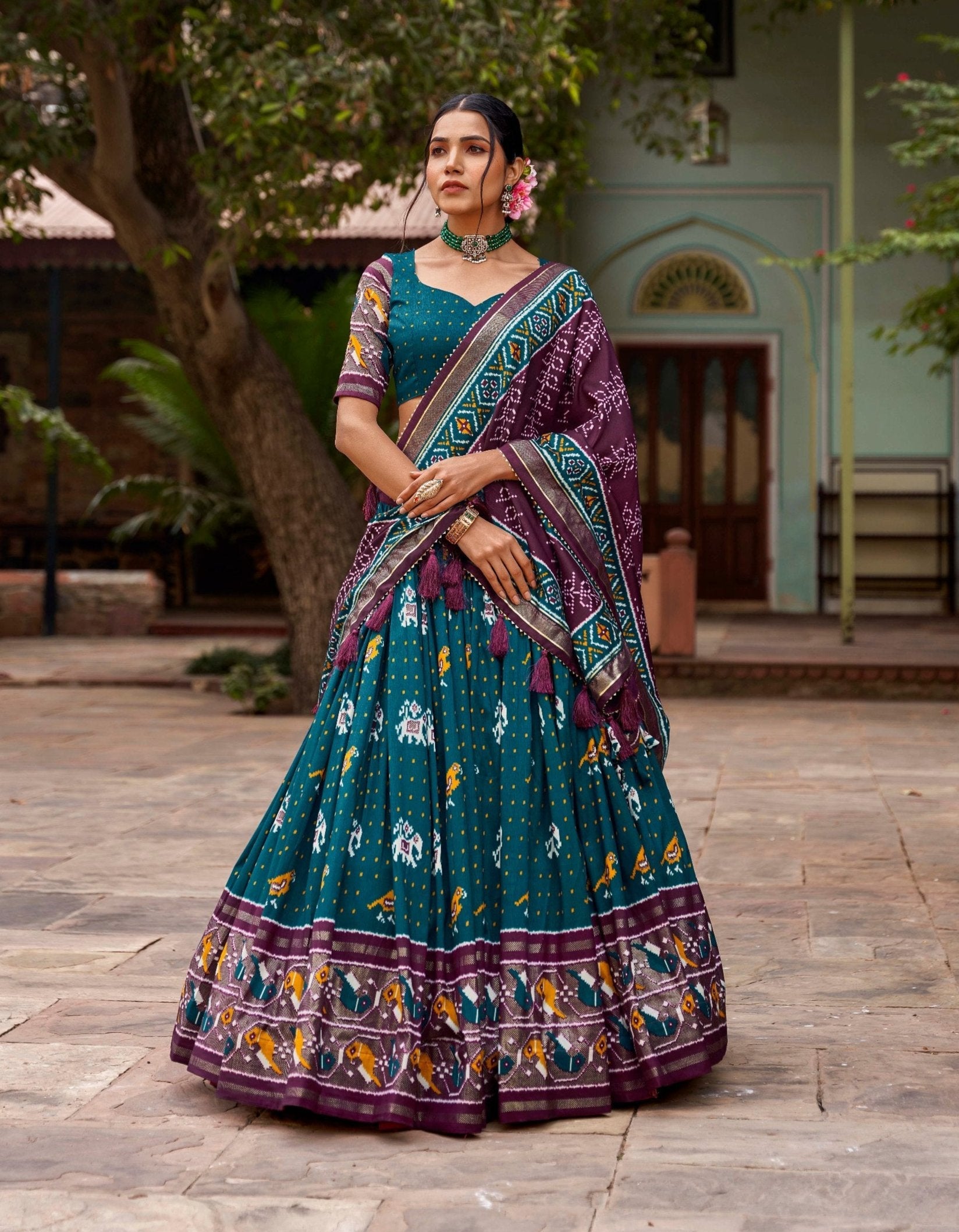 Teal Colored Tussar Silk Patola Printed Foil Worked Lehenga Choli