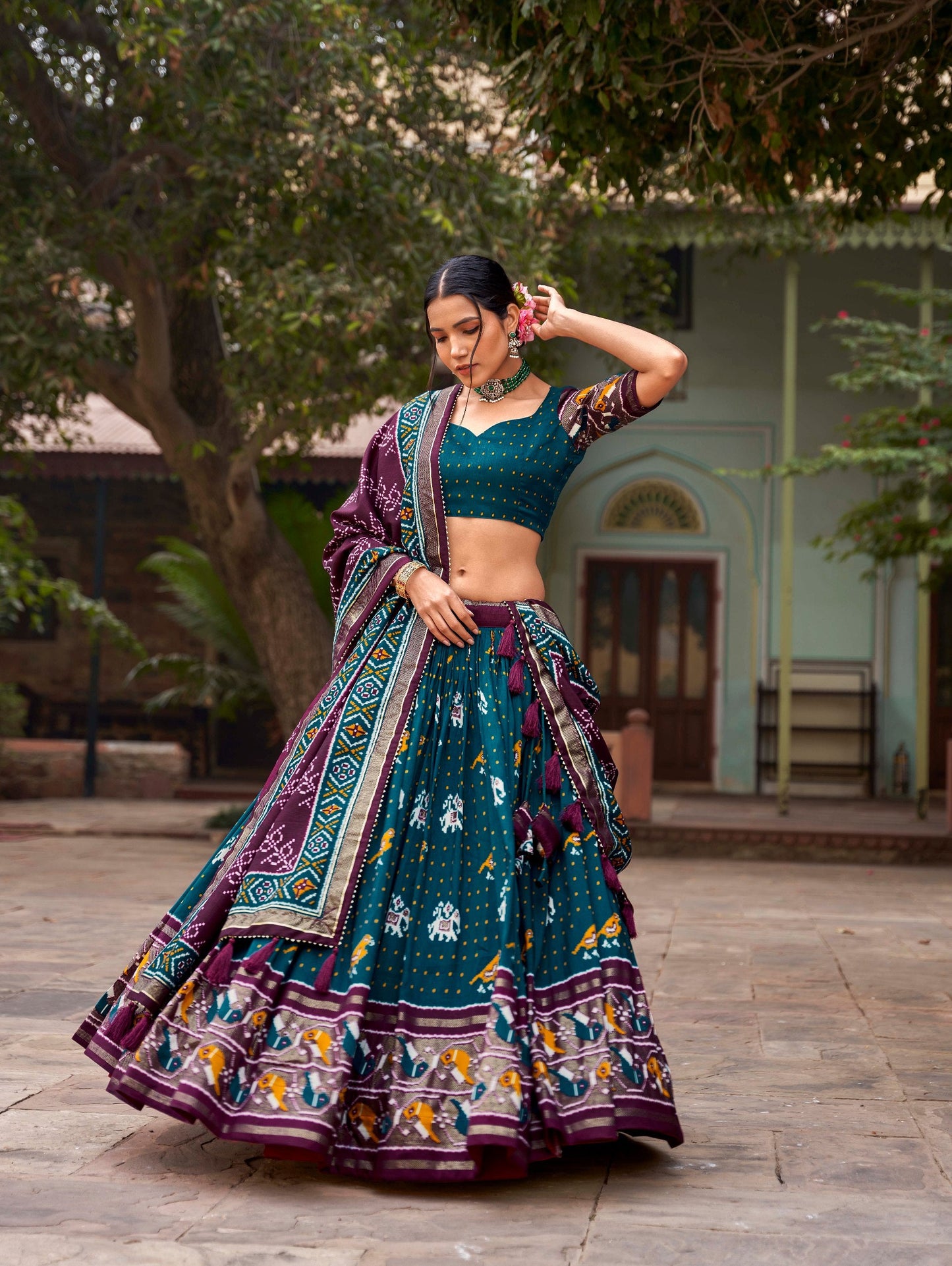 Teal Colored Tussar Silk Patola Printed Foil Worked Lehenga Choli