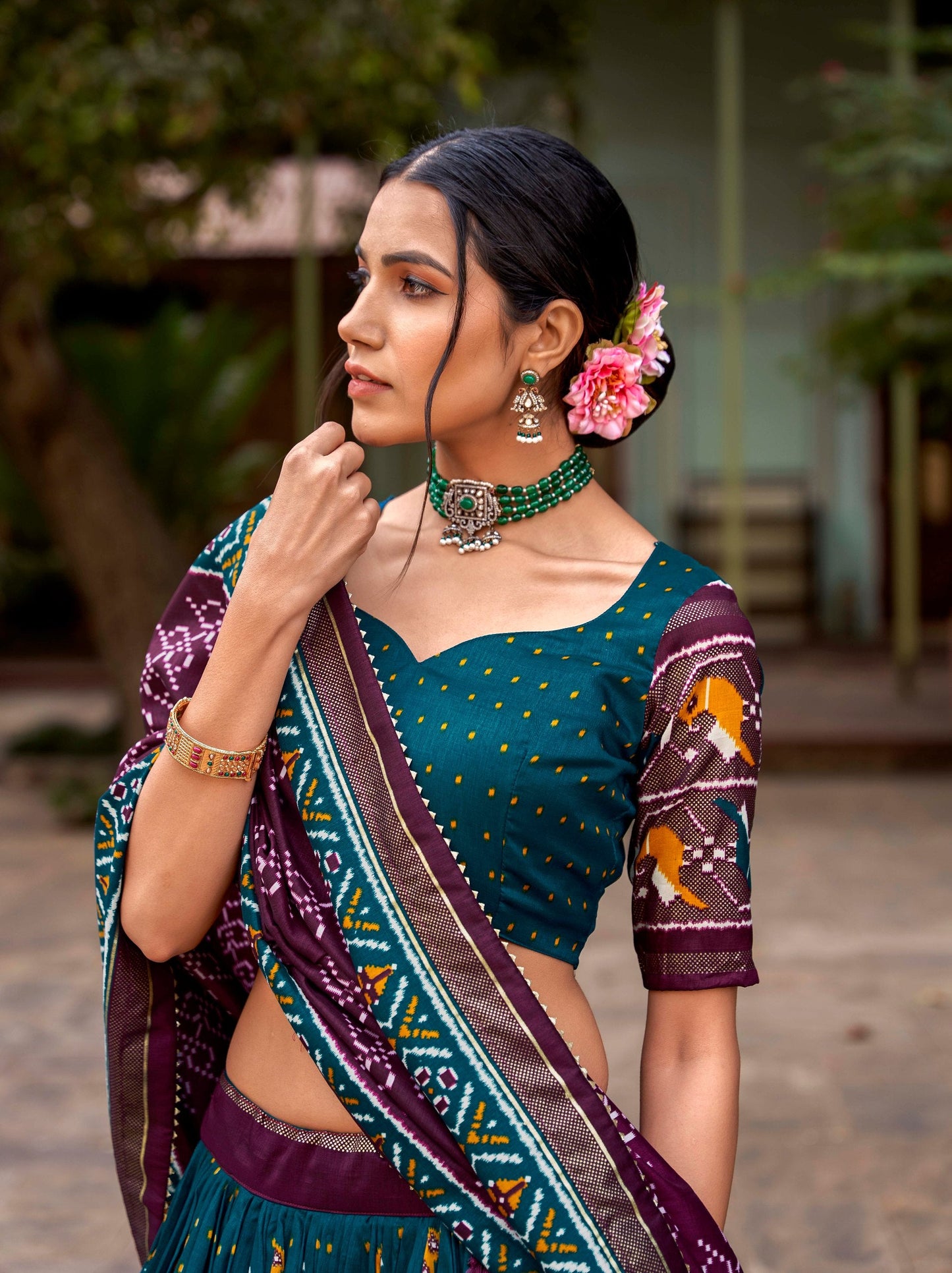 Teal Colored Tussar Silk Patola Printed Foil Worked Lehenga Choli