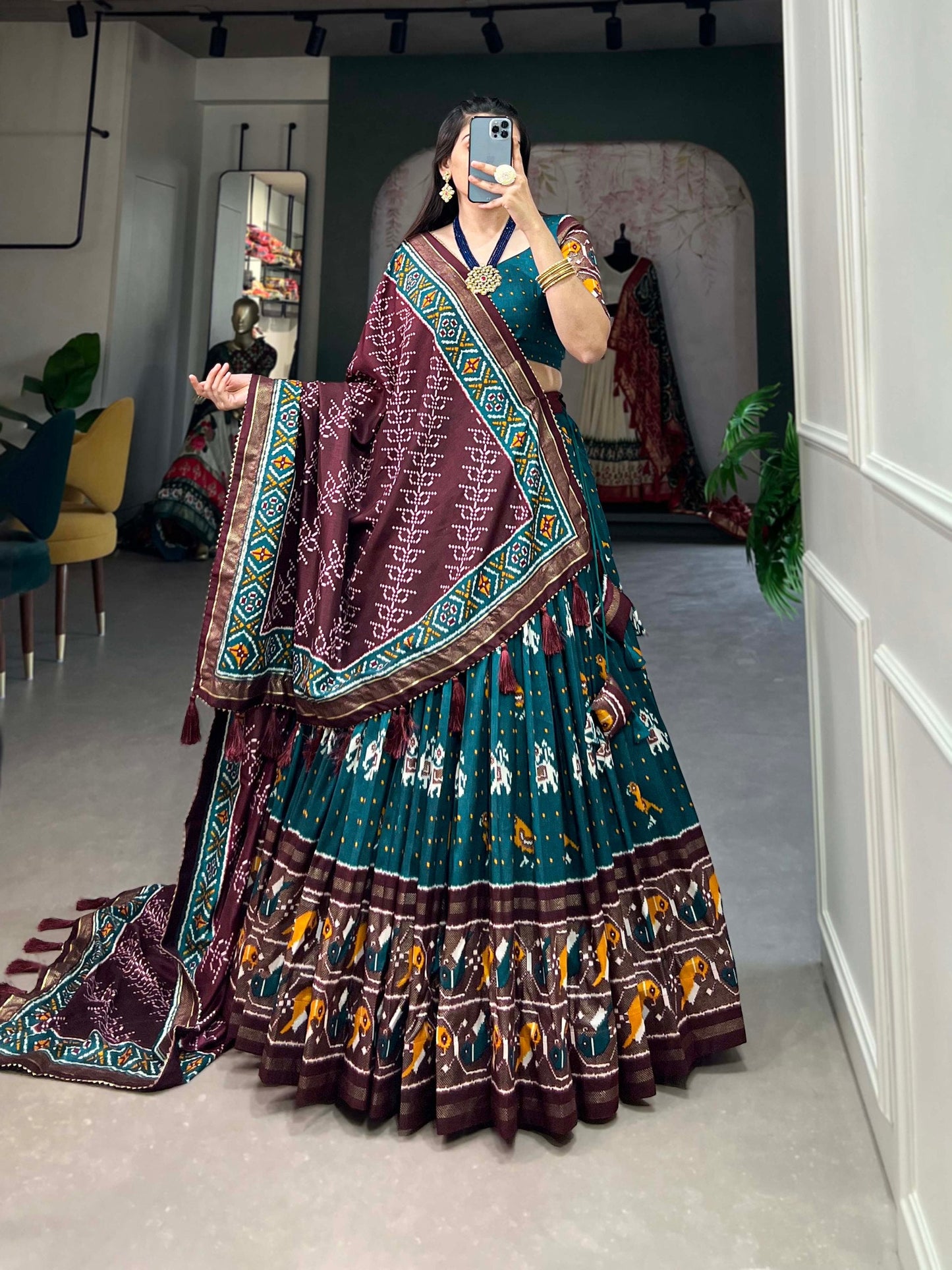 Teal Colored Tussar Silk Patola Printed Foil Worked Lehenga Choli