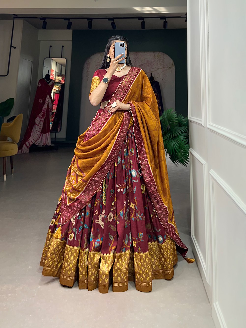 Lovely Maroon Tussar Silk Minakari Printed Lehenga Choli