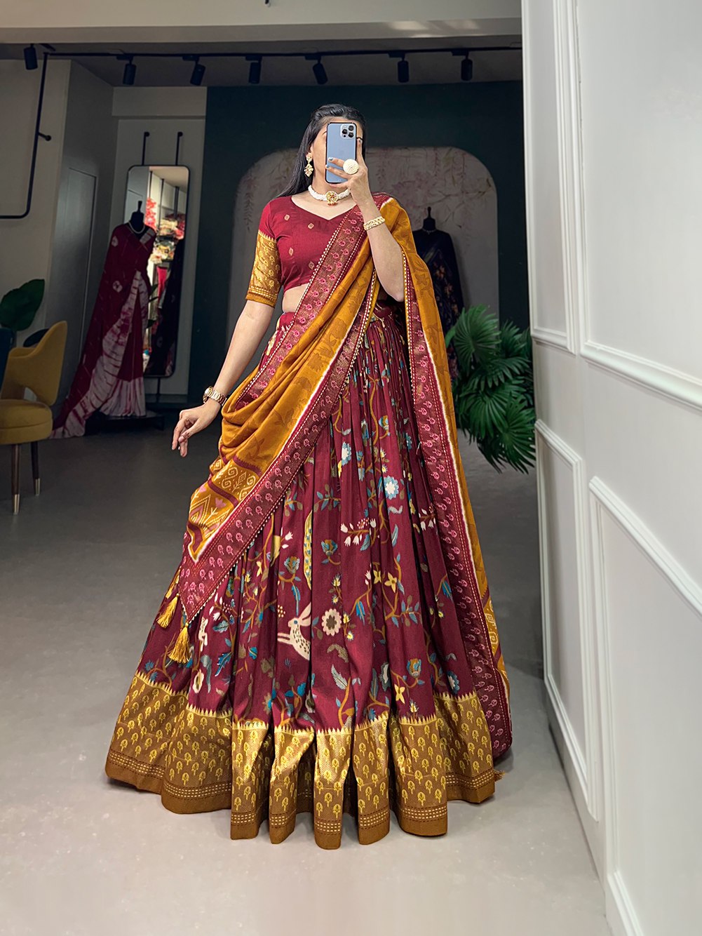 Lovely Maroon Tussar Silk Minakari Printed Lehenga Choli