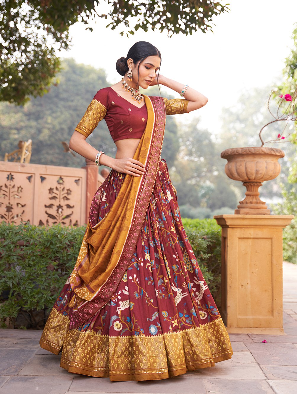 Lovely Maroon Tussar Silk Minakari Printed Lehenga Choli