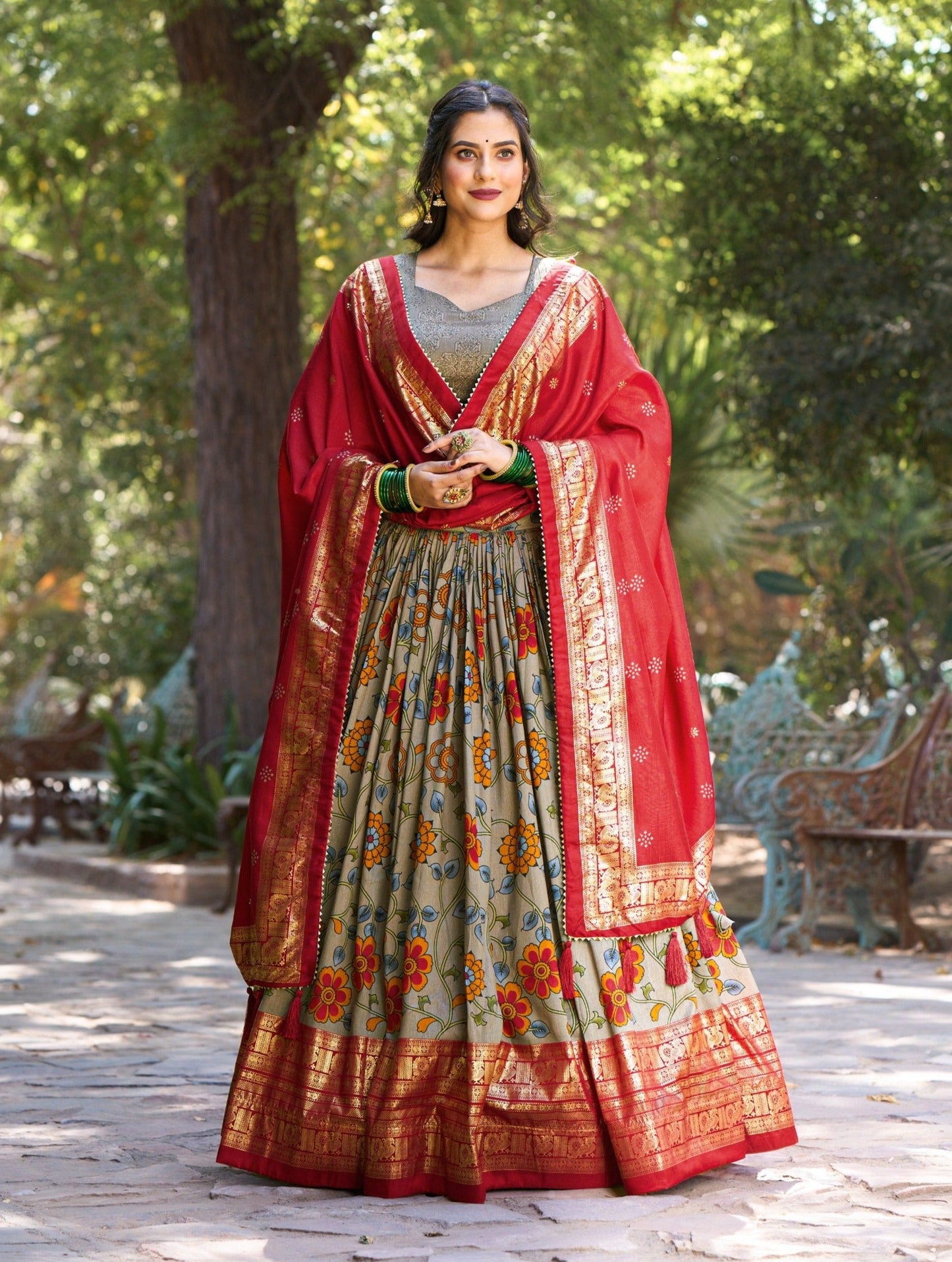 Fabulous Gray Tussar Silk Kalamkari Printed Foil Worked Lehenga Choli