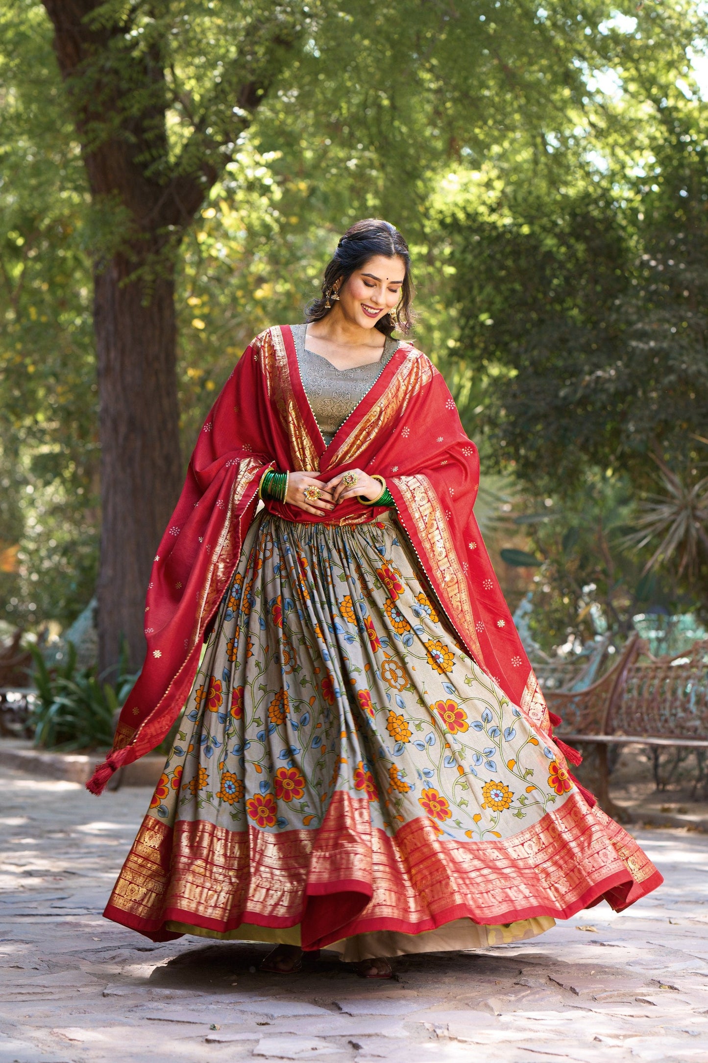 Fabulous Gray Tussar Silk Kalamkari Printed Foil Worked Lehenga Choli