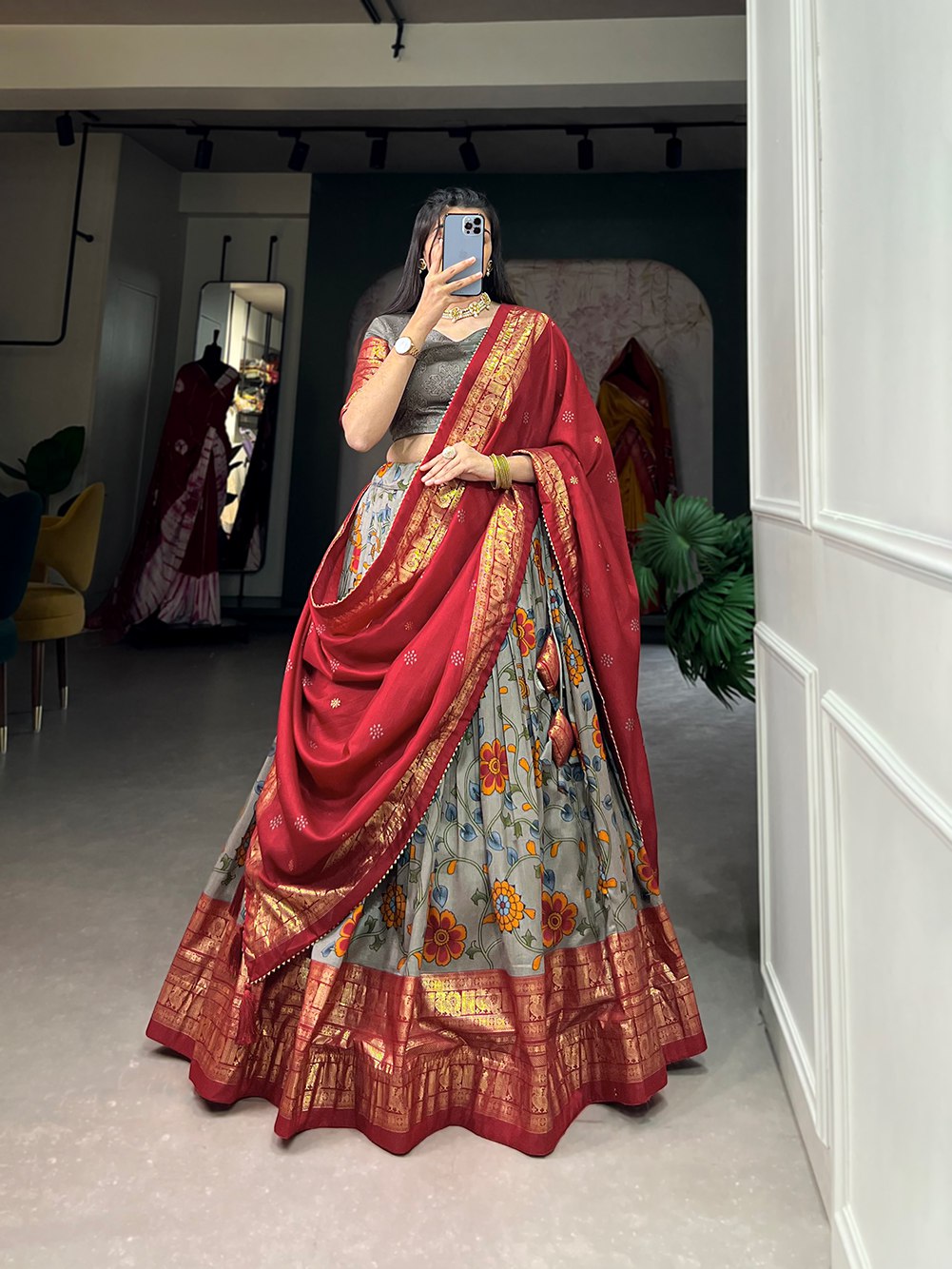 Fabulous Gray Tussar Silk Kalamkari Printed Foil Worked Lehenga Choli