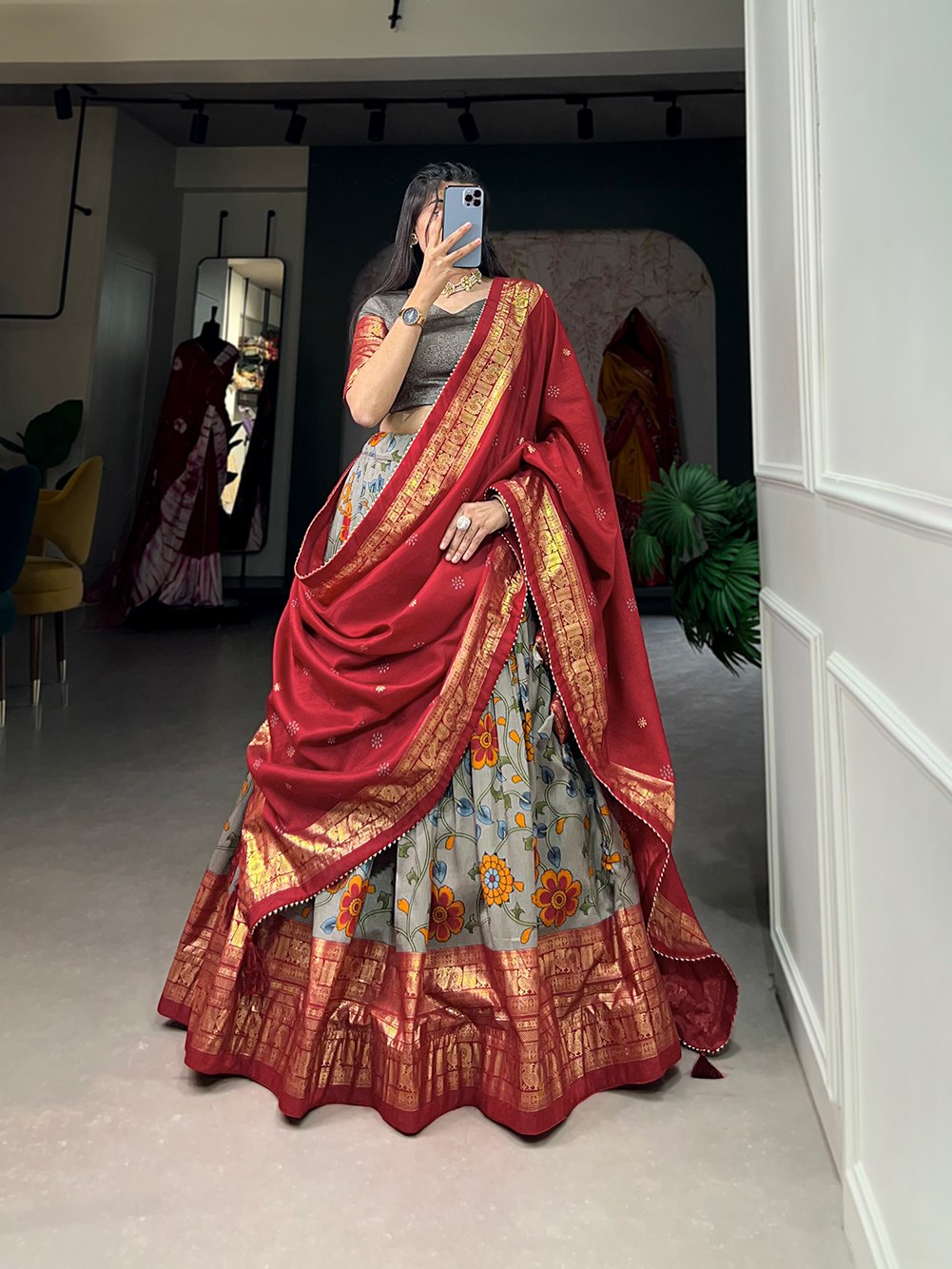 Fabulous Gray Tussar Silk Kalamkari Printed Foil Worked Lehenga Choli