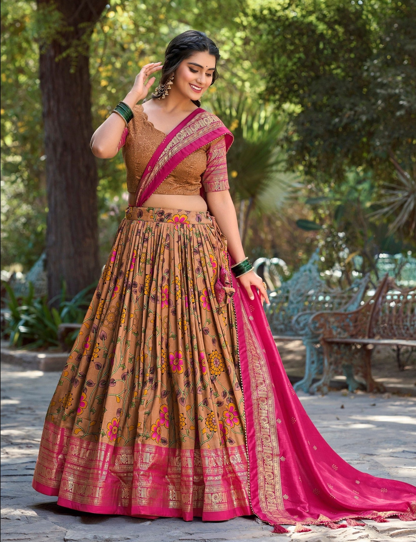 Marvelous Mustard Tussar Silk Kalamkari Printed Lehenga Choli