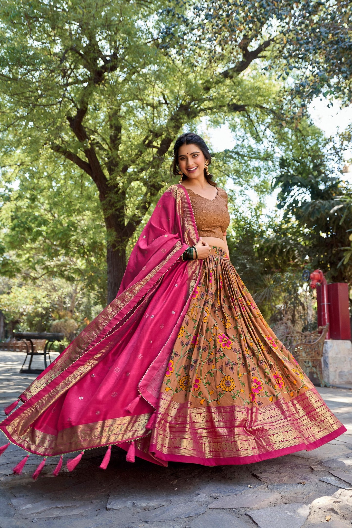 Marvelous Mustard Tussar Silk Kalamkari Printed Lehenga Choli