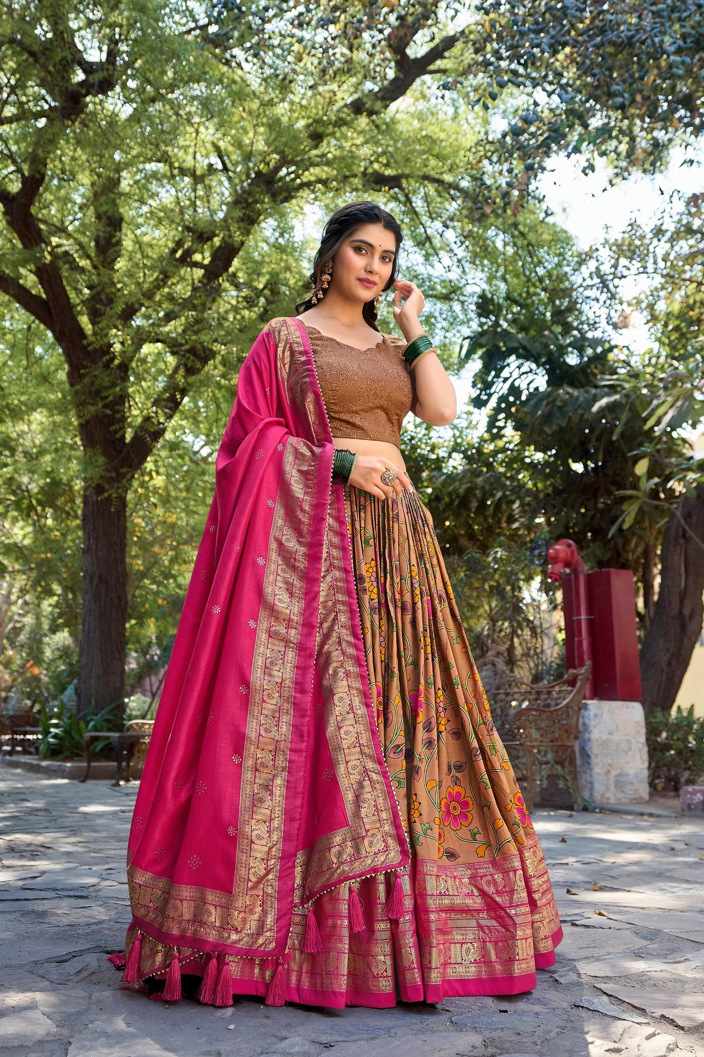 Marvelous Mustard Tussar Silk Kalamkari Printed Lehenga Choli