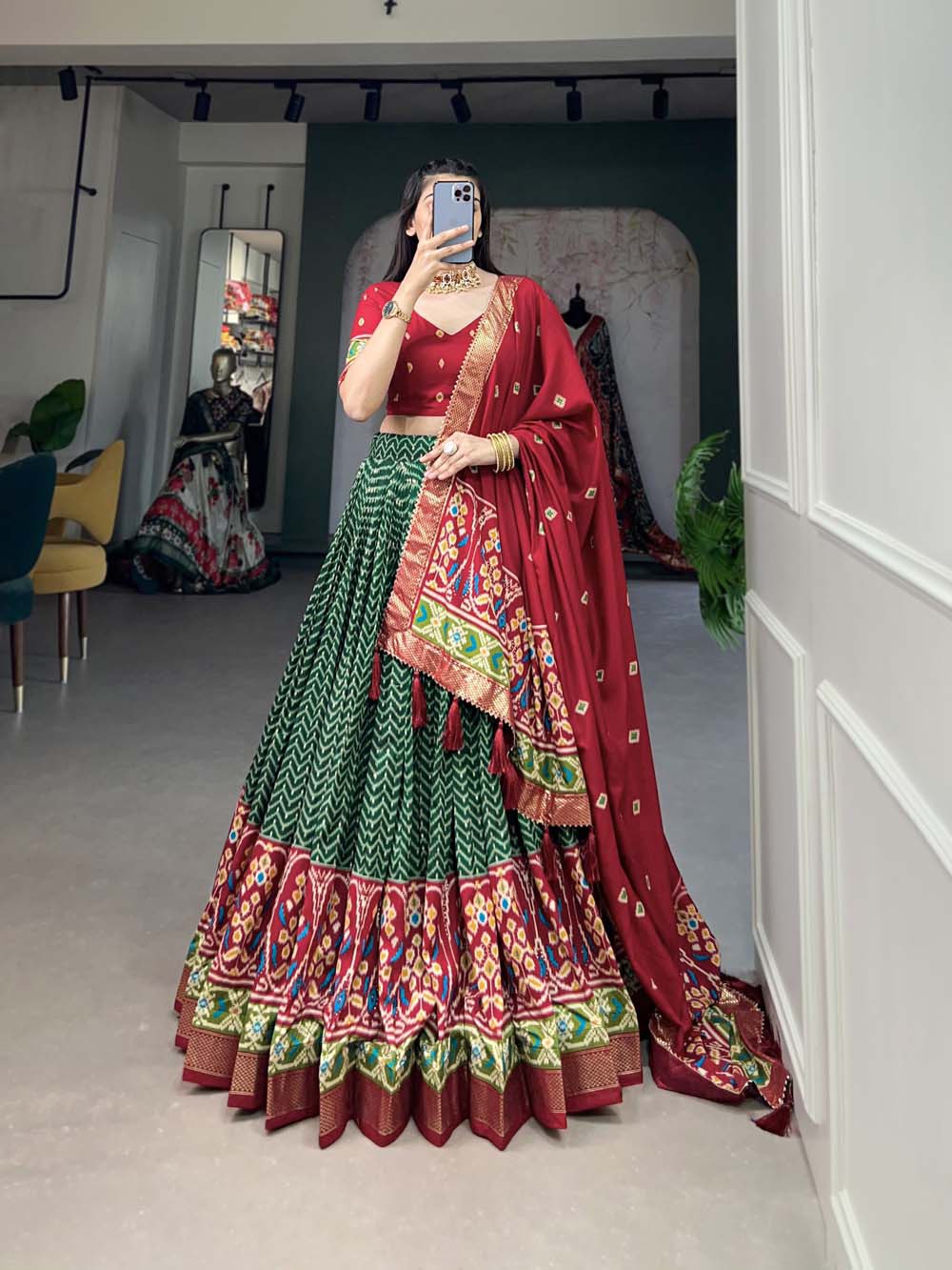 Gorgeous Green Tussar Silk Patola Printed Lehenga Choli