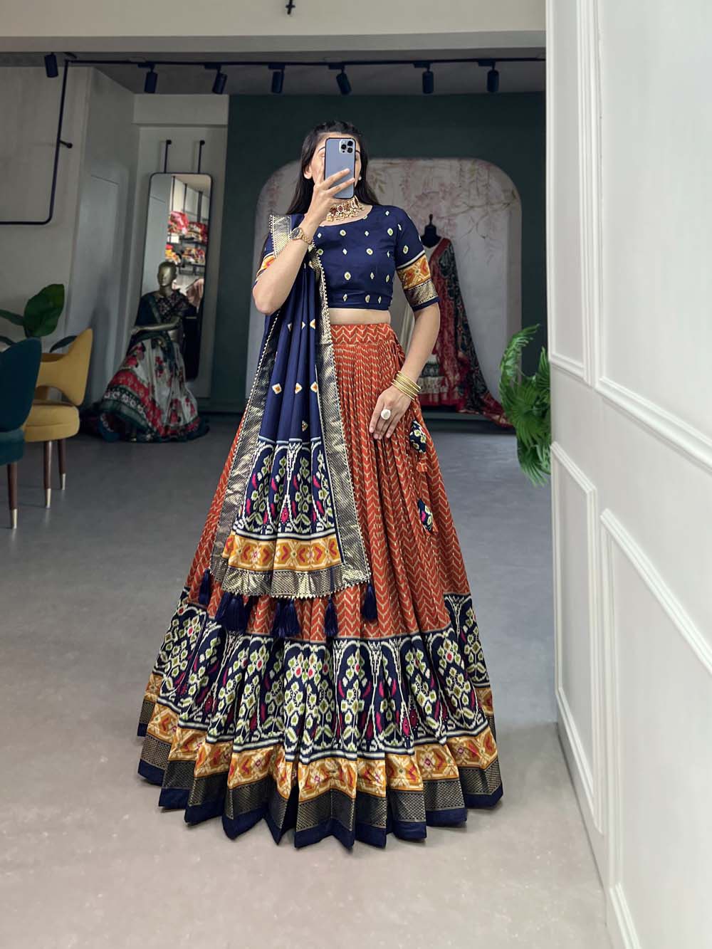 Incredible Orange Tussar Silk Patola Printed Lehenga Choli