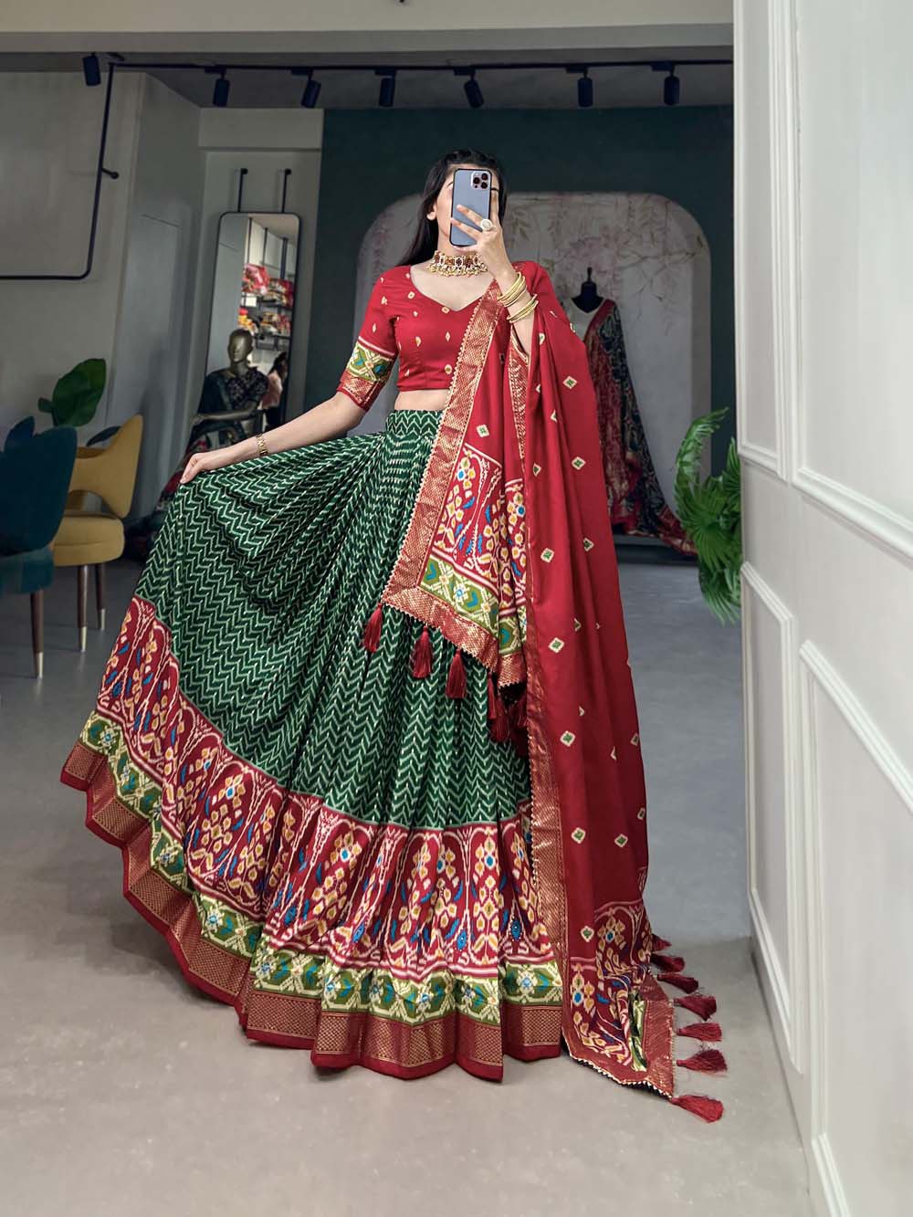 Gorgeous Green Tussar Silk Patola Printed Lehenga Choli