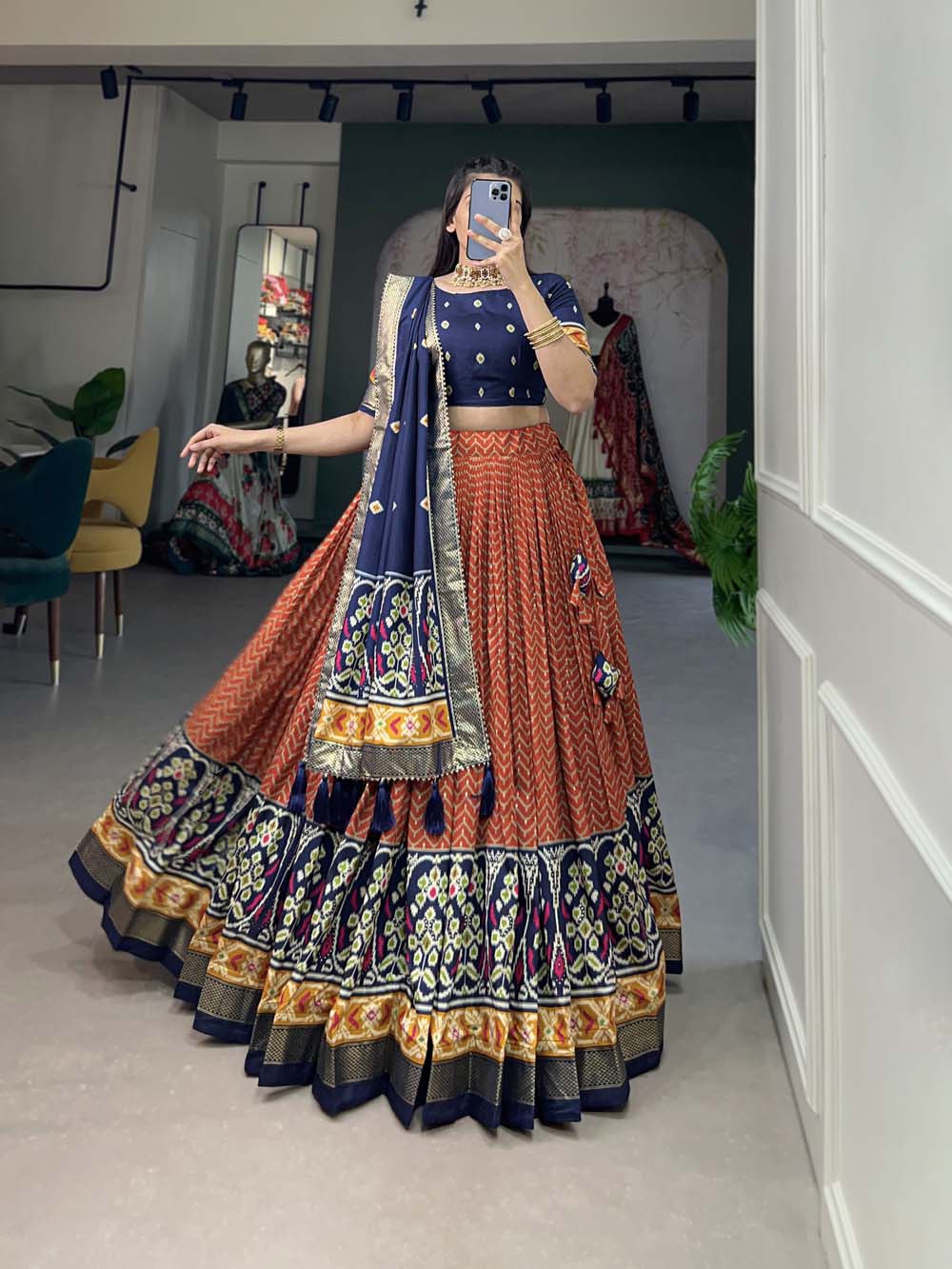 Incredible Orange Tussar Silk Patola Printed Lehenga Choli