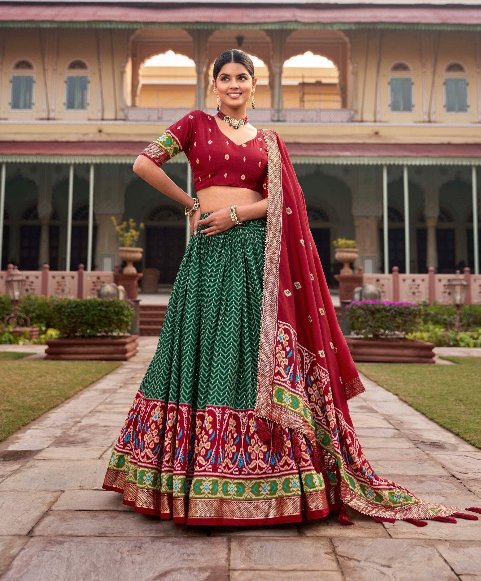 Gorgeous Green Tussar Silk Patola Printed Lehenga Choli