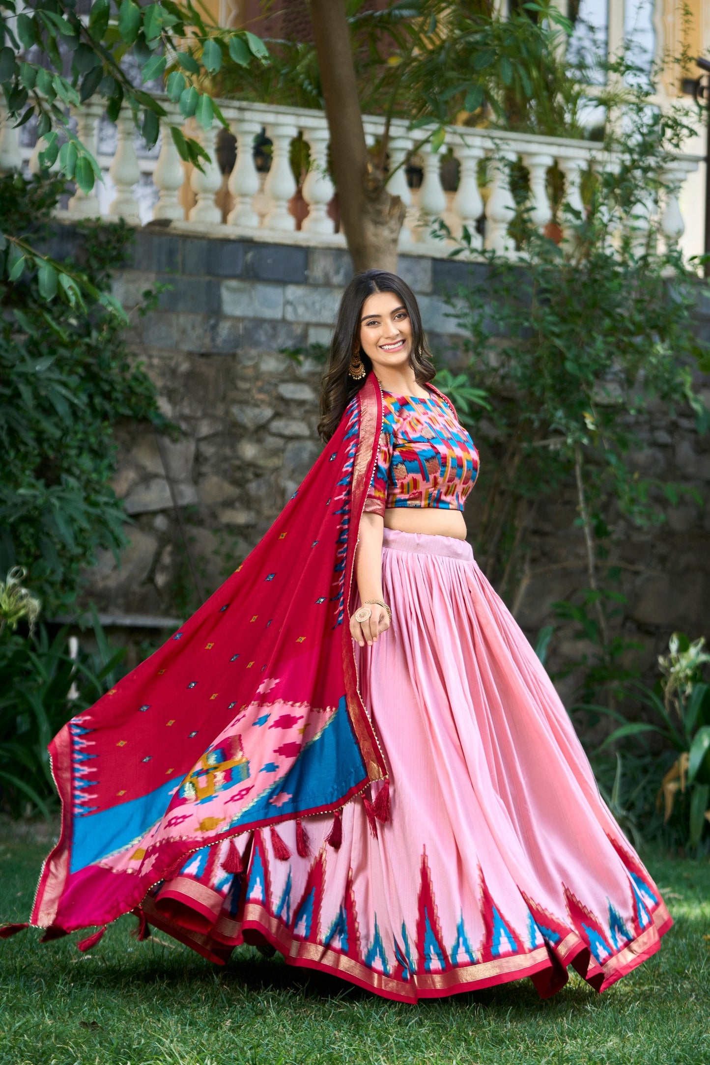 Precious Peach Tussar Silk Printed Foil Worked Lehenga Choli