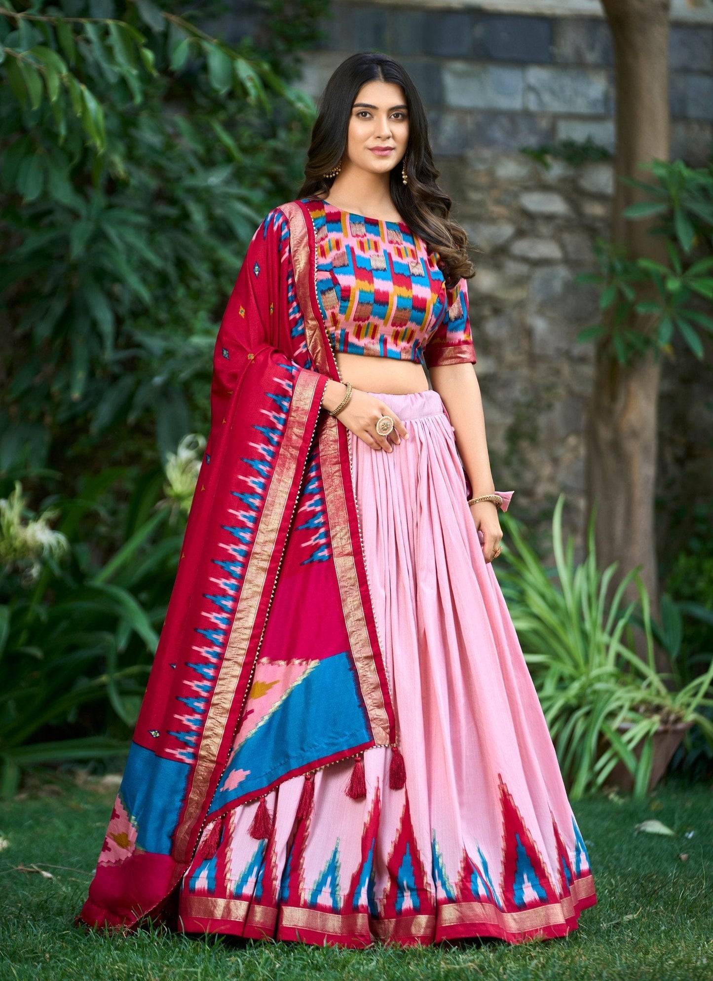 Precious Peach Tussar Silk Printed Foil Worked Lehenga Choli