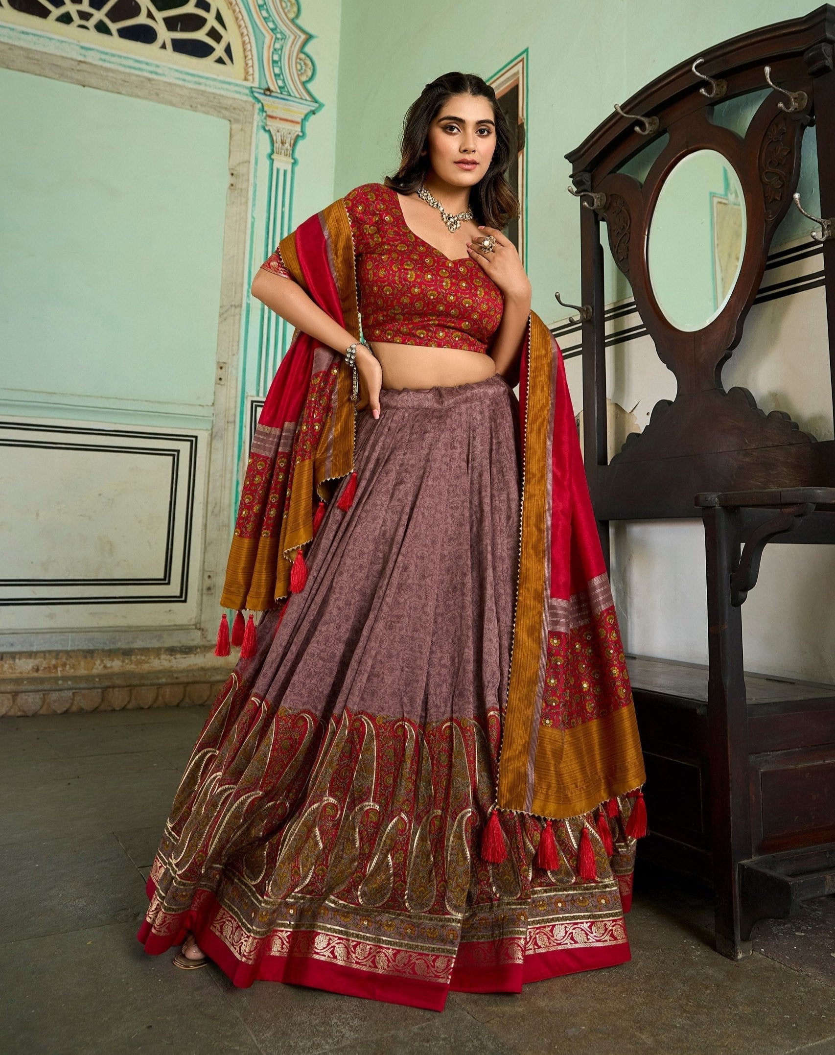 Outstanding Onion Tussar Silk Kashmiri Printed Foil Worked Lehenga Choli