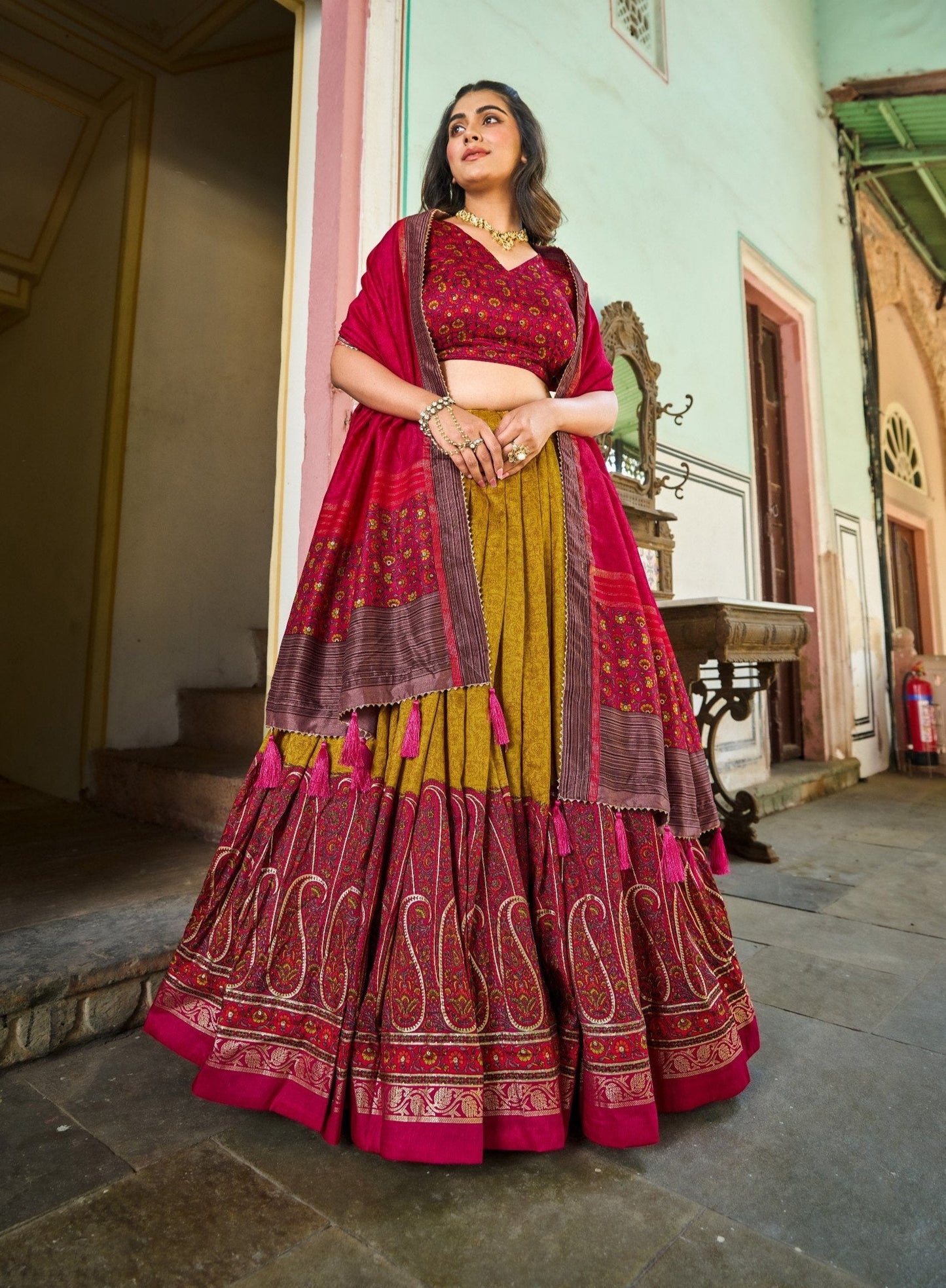 Marvelous Mustard Tussar Silk Kashmiri Printed Foil Worked Lehenga Choli