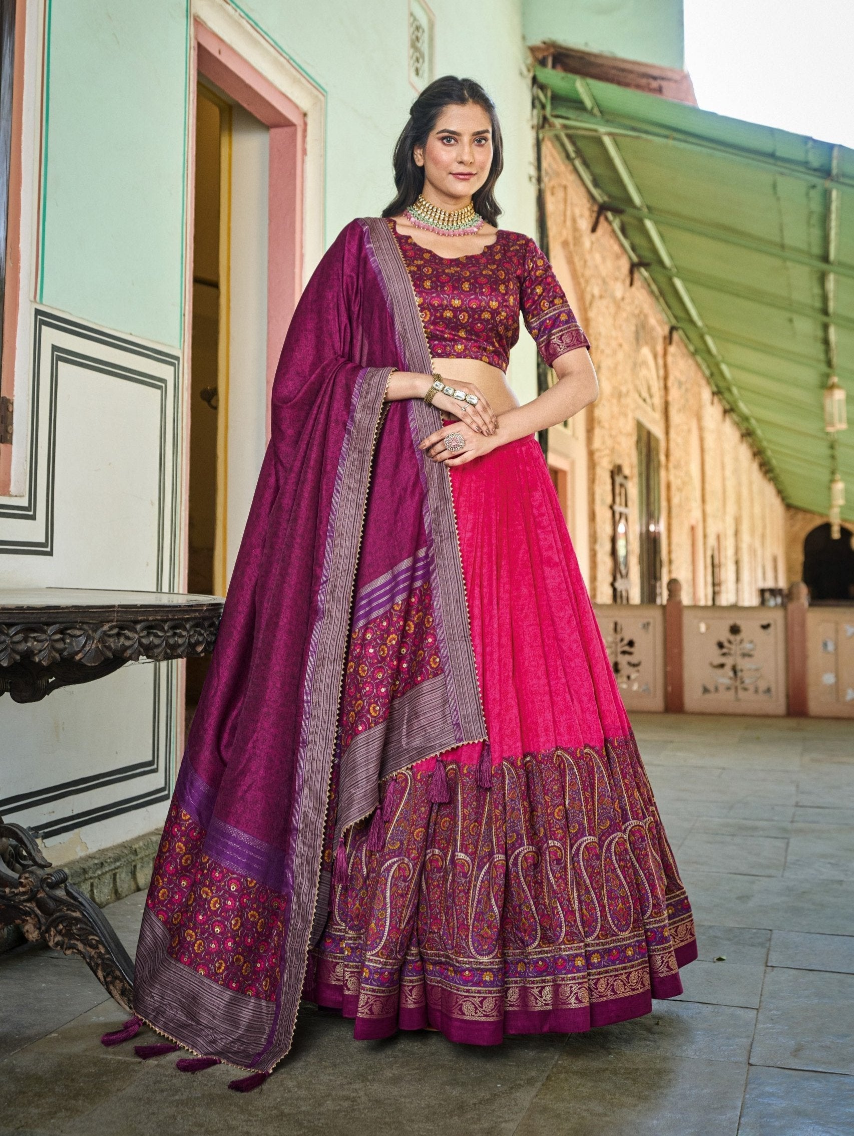 Precious Pink Tussar Silk Kashmiri Printed Foil Worked Lehenga Choli