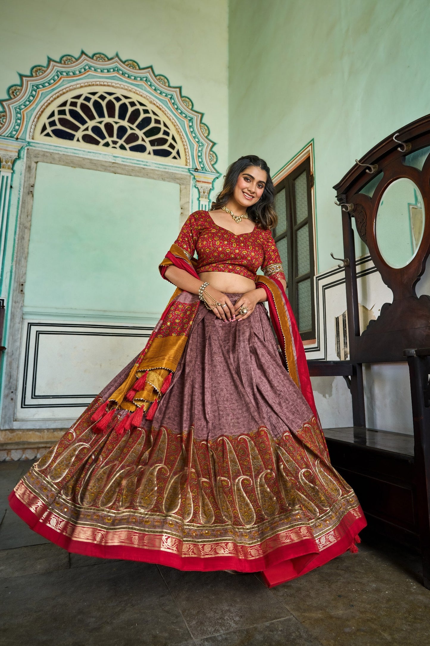 Outstanding Onion Tussar Silk Kashmiri Printed Foil Worked Lehenga Choli