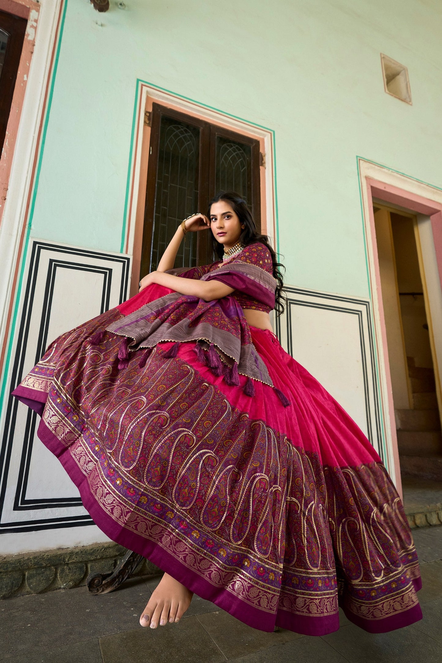 Precious Pink Tussar Silk Kashmiri Printed Foil Worked Lehenga Choli