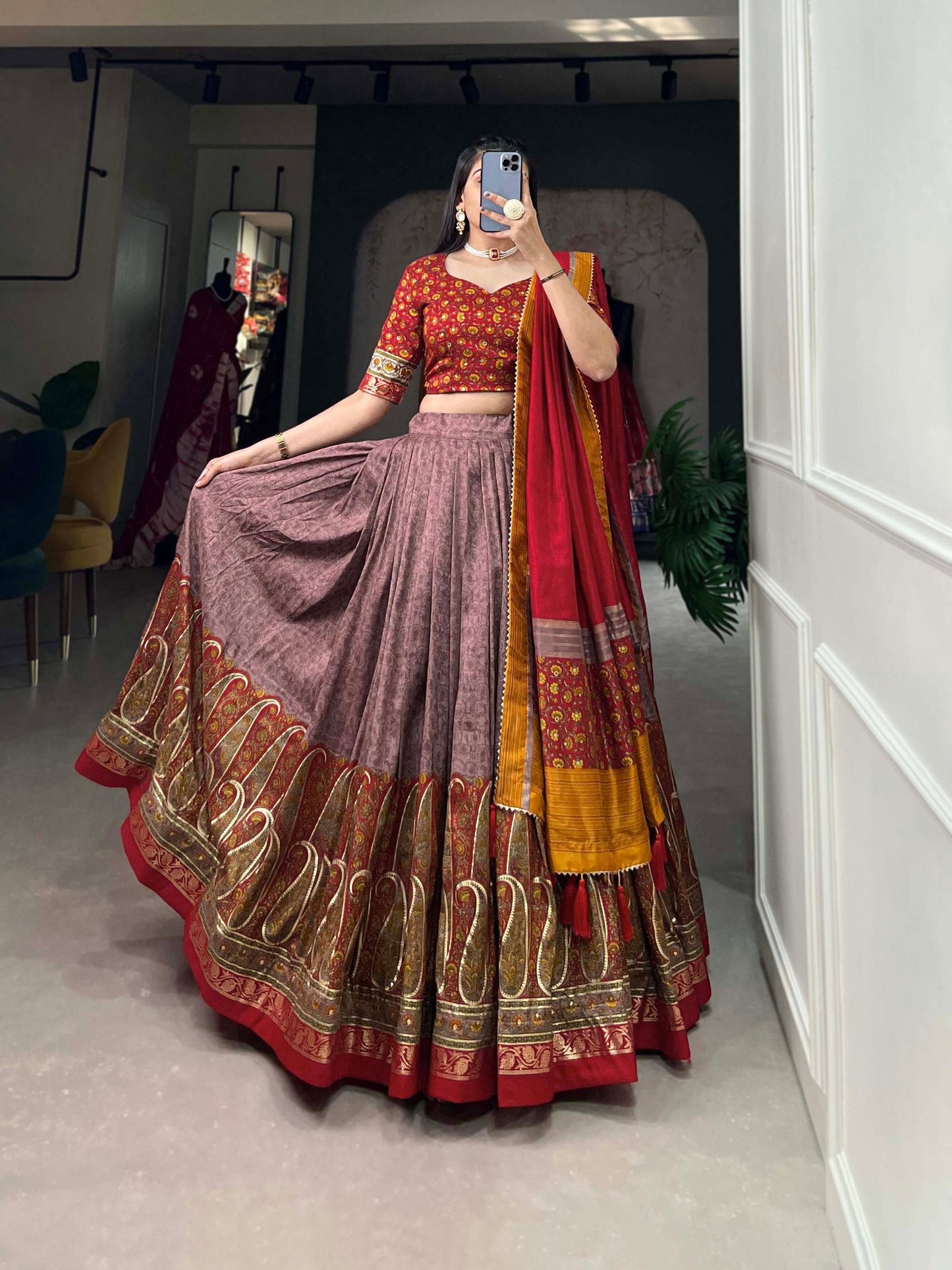 Outstanding Onion Tussar Silk Kashmiri Printed Foil Worked Lehenga Choli