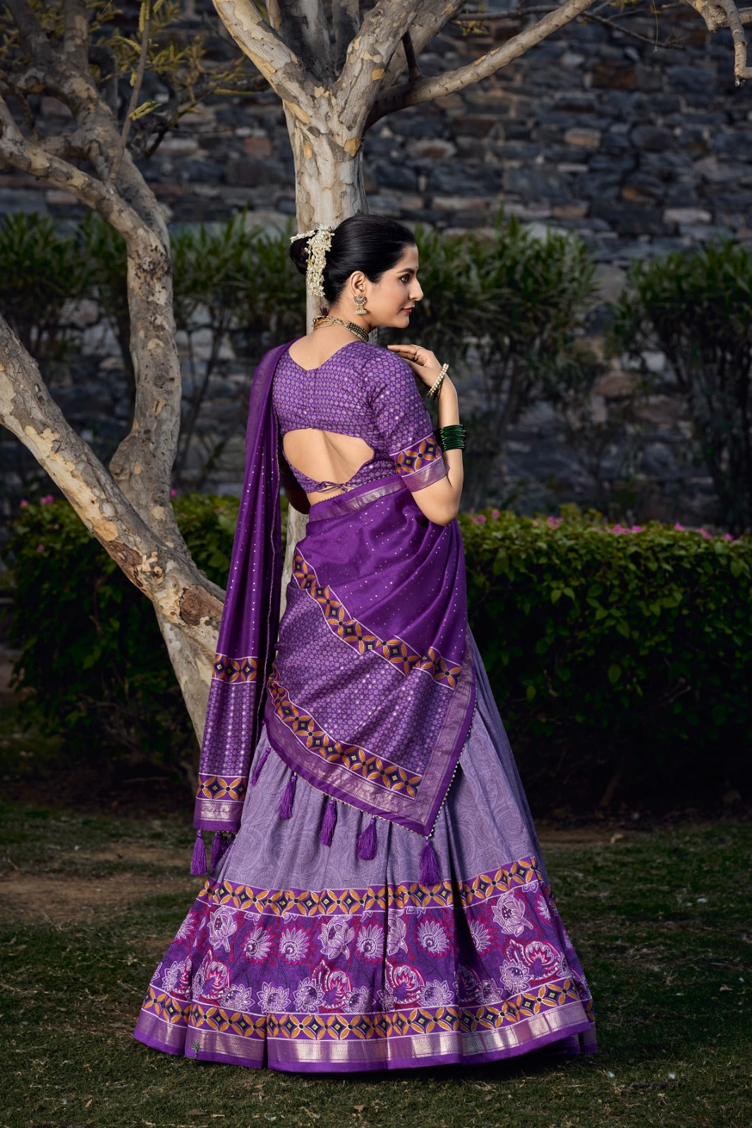 Purple Wedding Wear Tussar Silk Printed Lehenga Choli Set