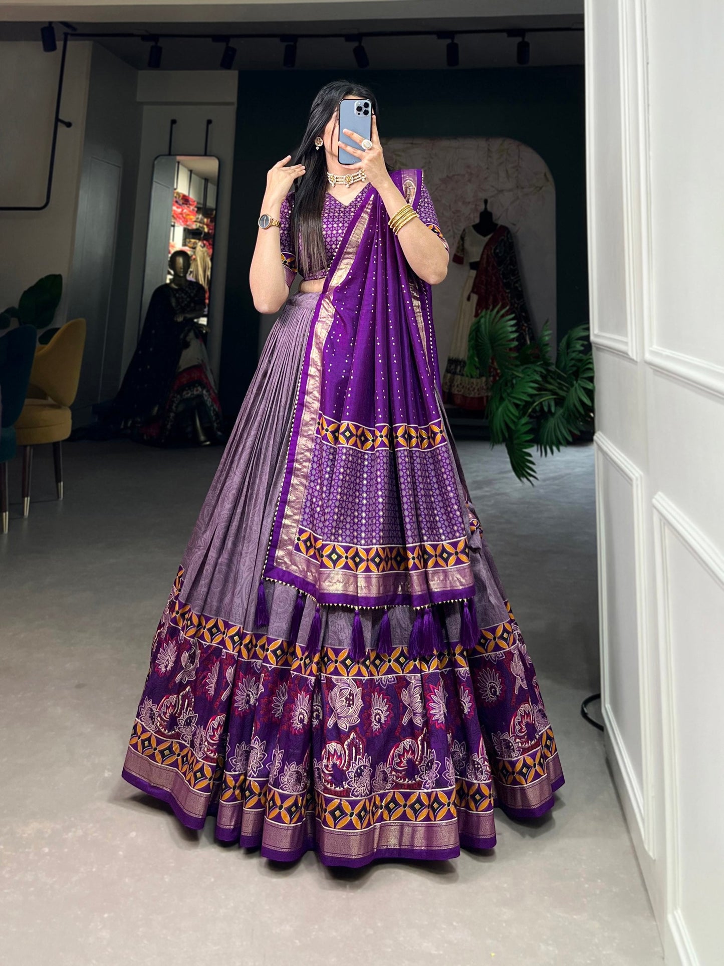 Purple Wedding Wear Tussar Silk Printed Lehenga Choli Set