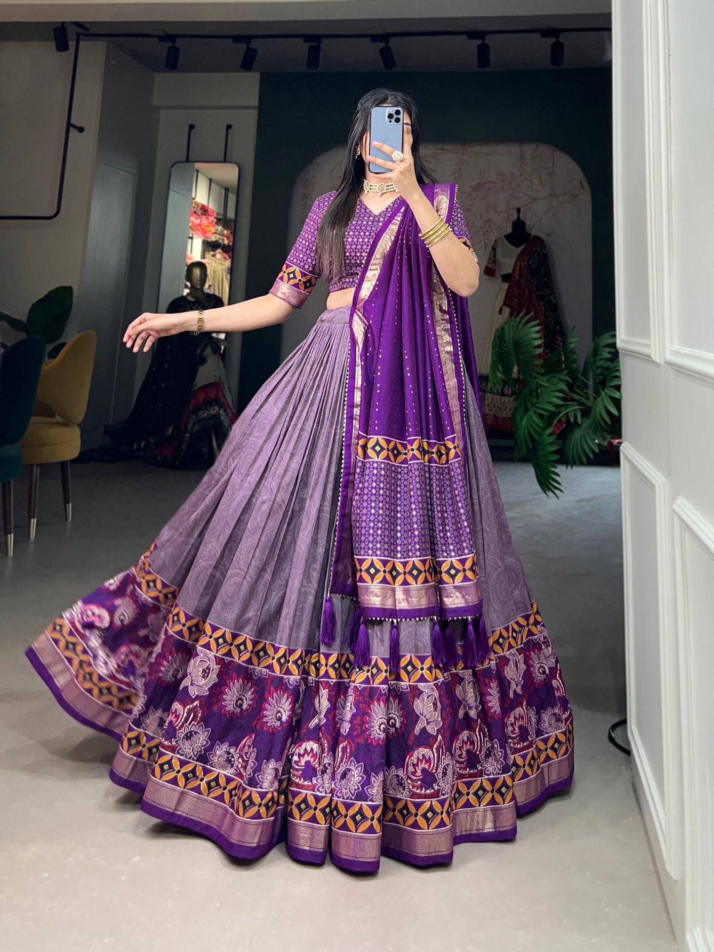 Purple Wedding Wear Tussar Silk Printed Lehenga Choli Set