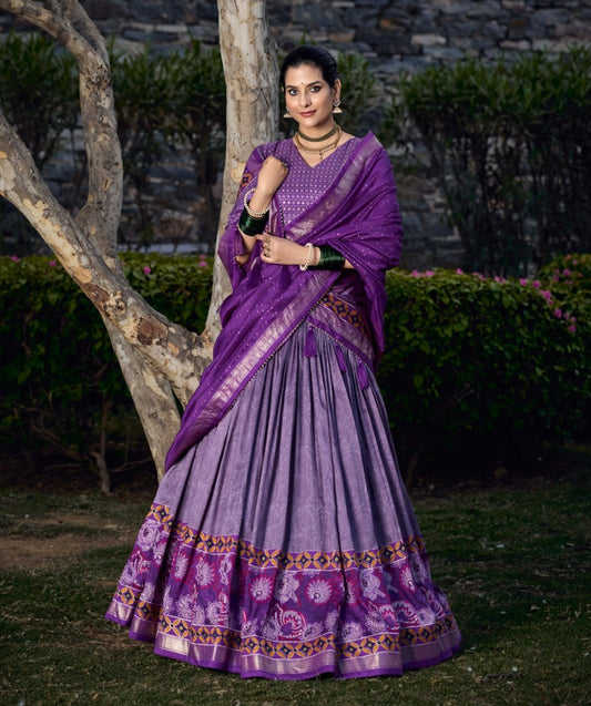 Purple Wedding Wear Tussar Silk Printed Lehenga Choli Set