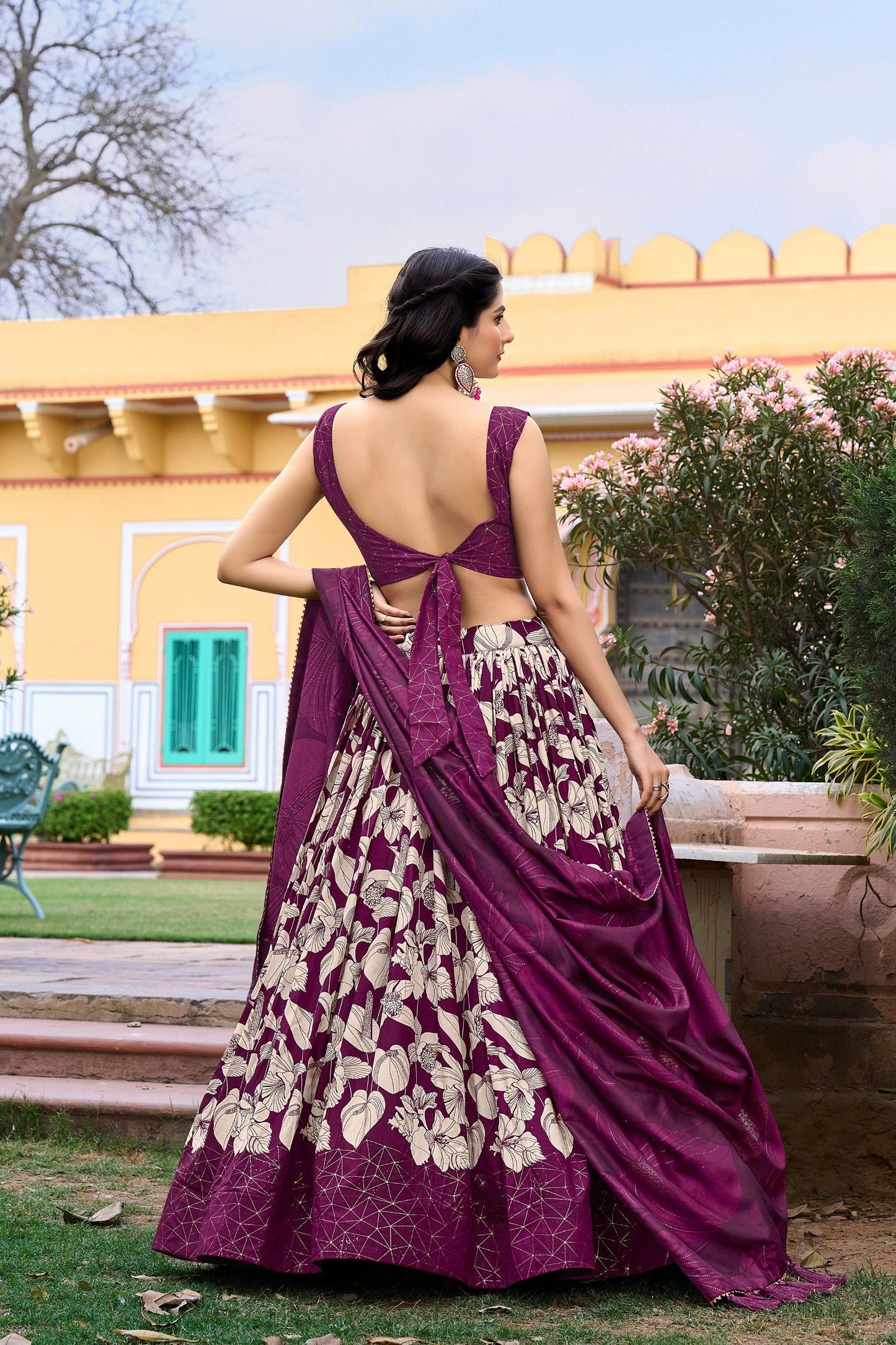 Wonderful Wine Tussar Silk Floral Printed Lehenga Choli Set