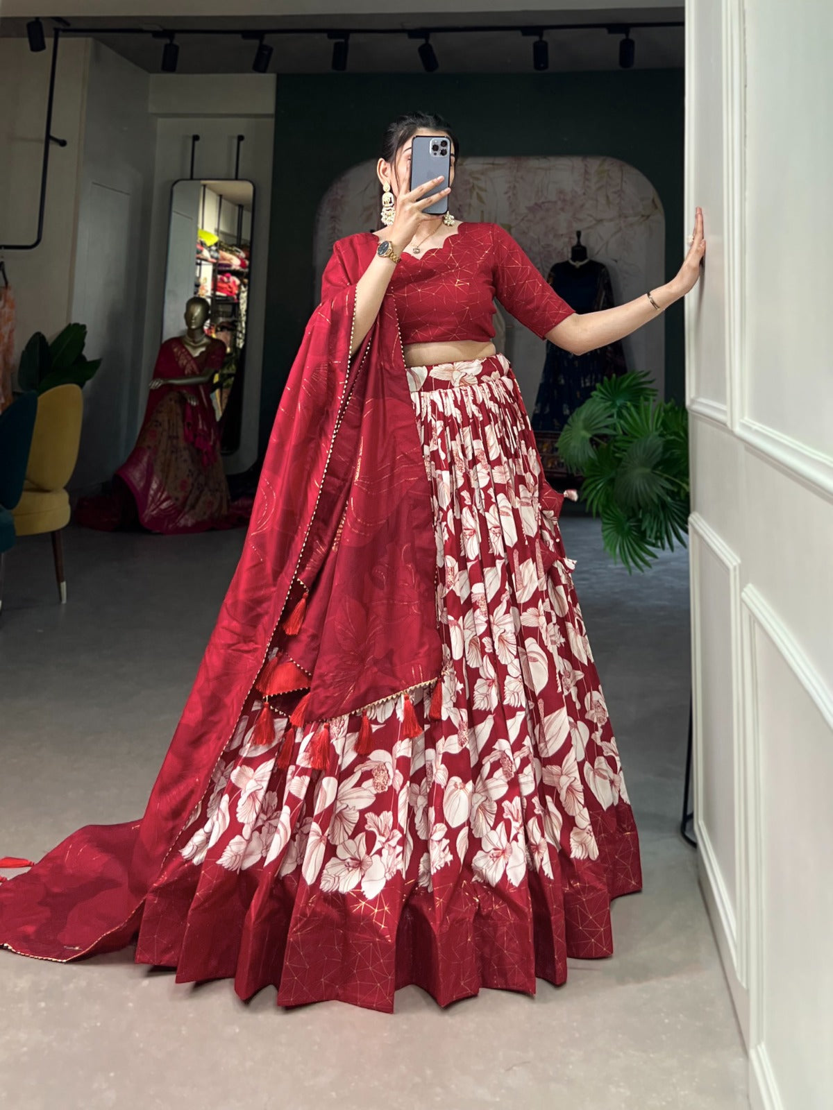 Ravishing Red Tussar Silk Floral Printed Lehenga Choli Set