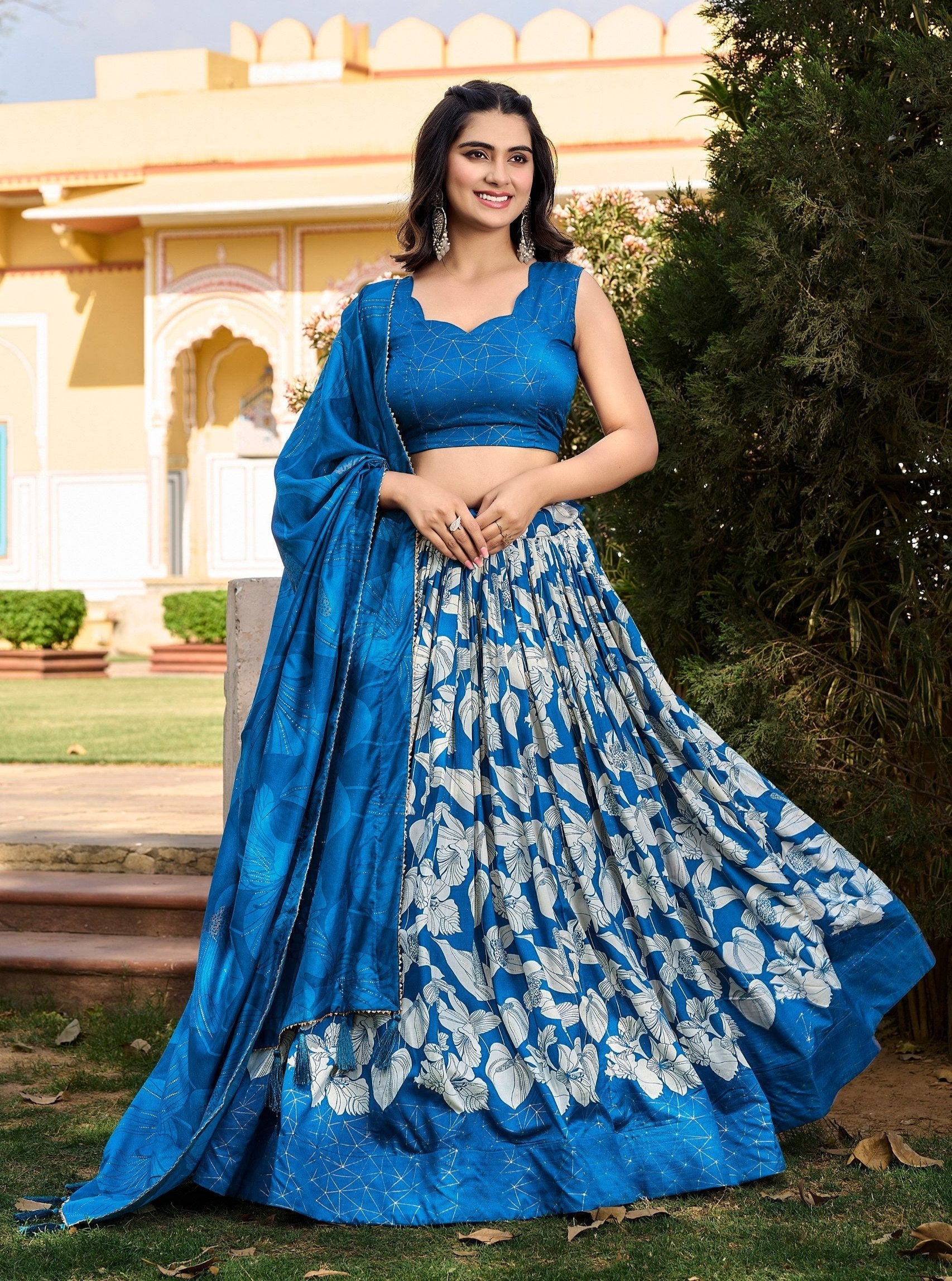 Lovely Royal Blue Tussar Silk Floral Printed Lehenga Choli Set