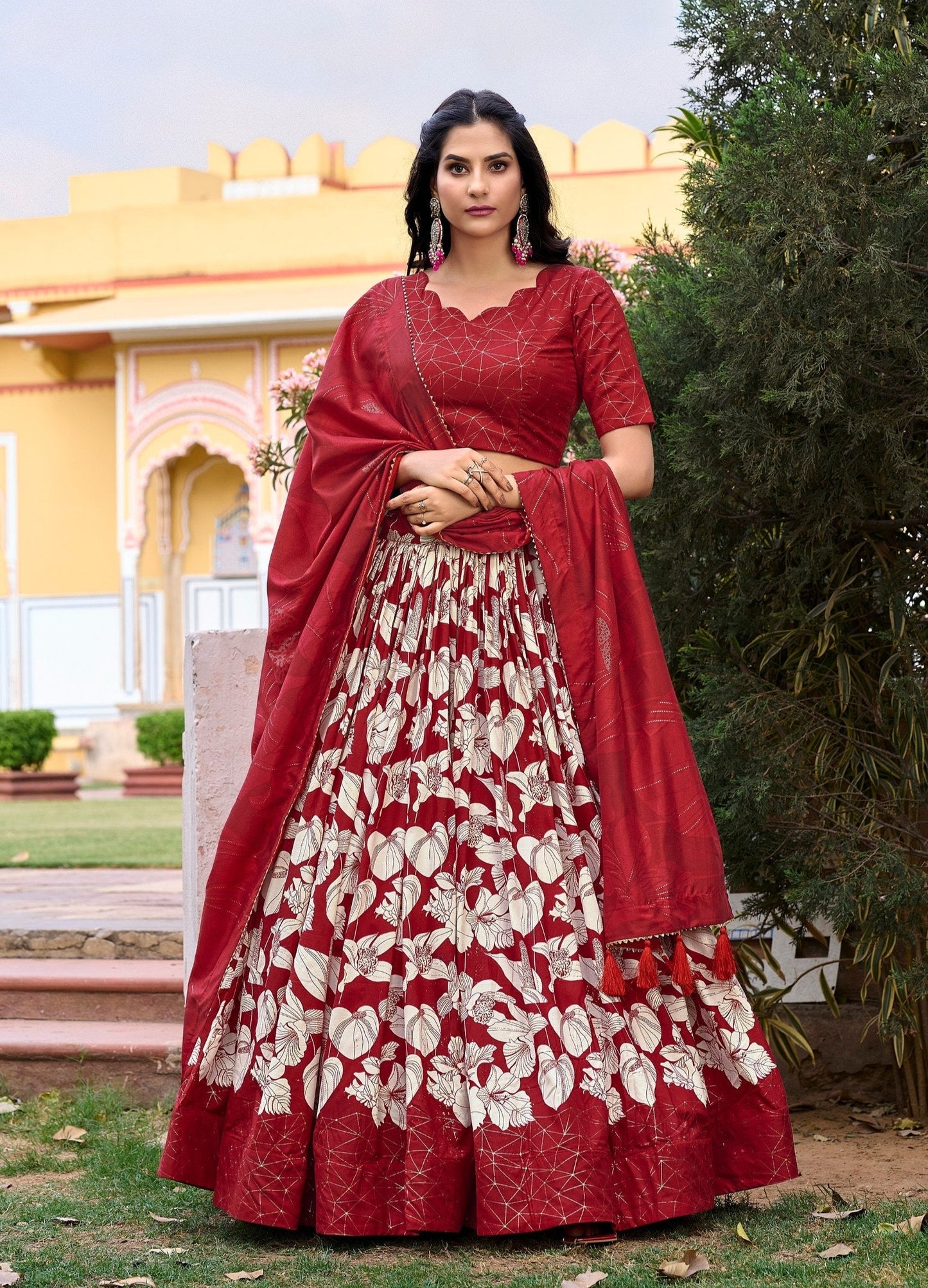 Ravishing Red Tussar Silk Floral Printed Lehenga Choli Set