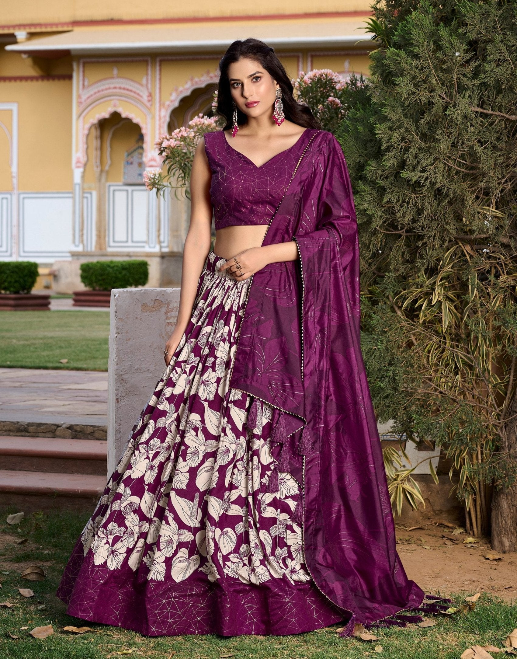 Wonderful Wine Tussar Silk Floral Printed Lehenga Choli Set