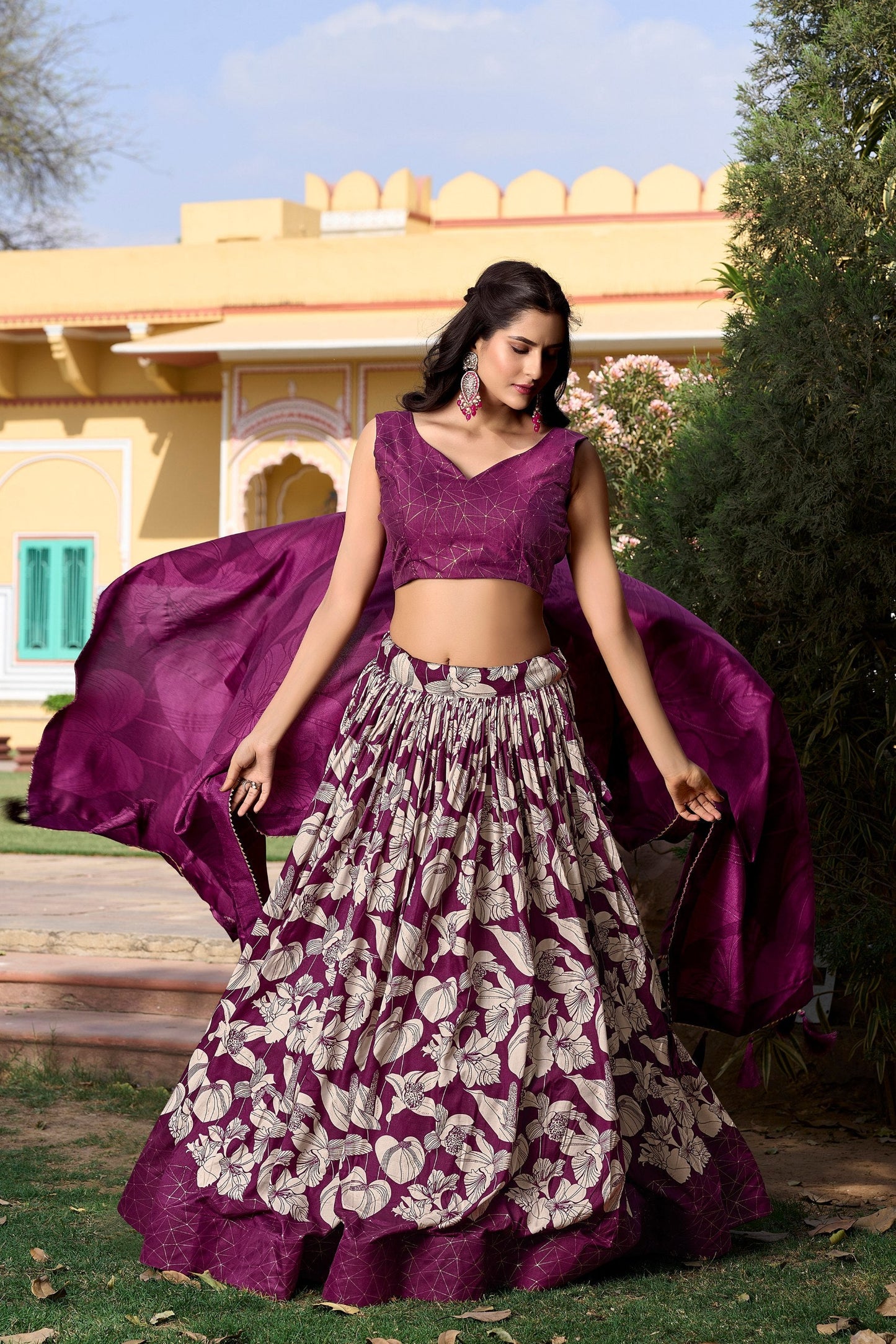 Wonderful Wine Tussar Silk Floral Printed Lehenga Choli Set