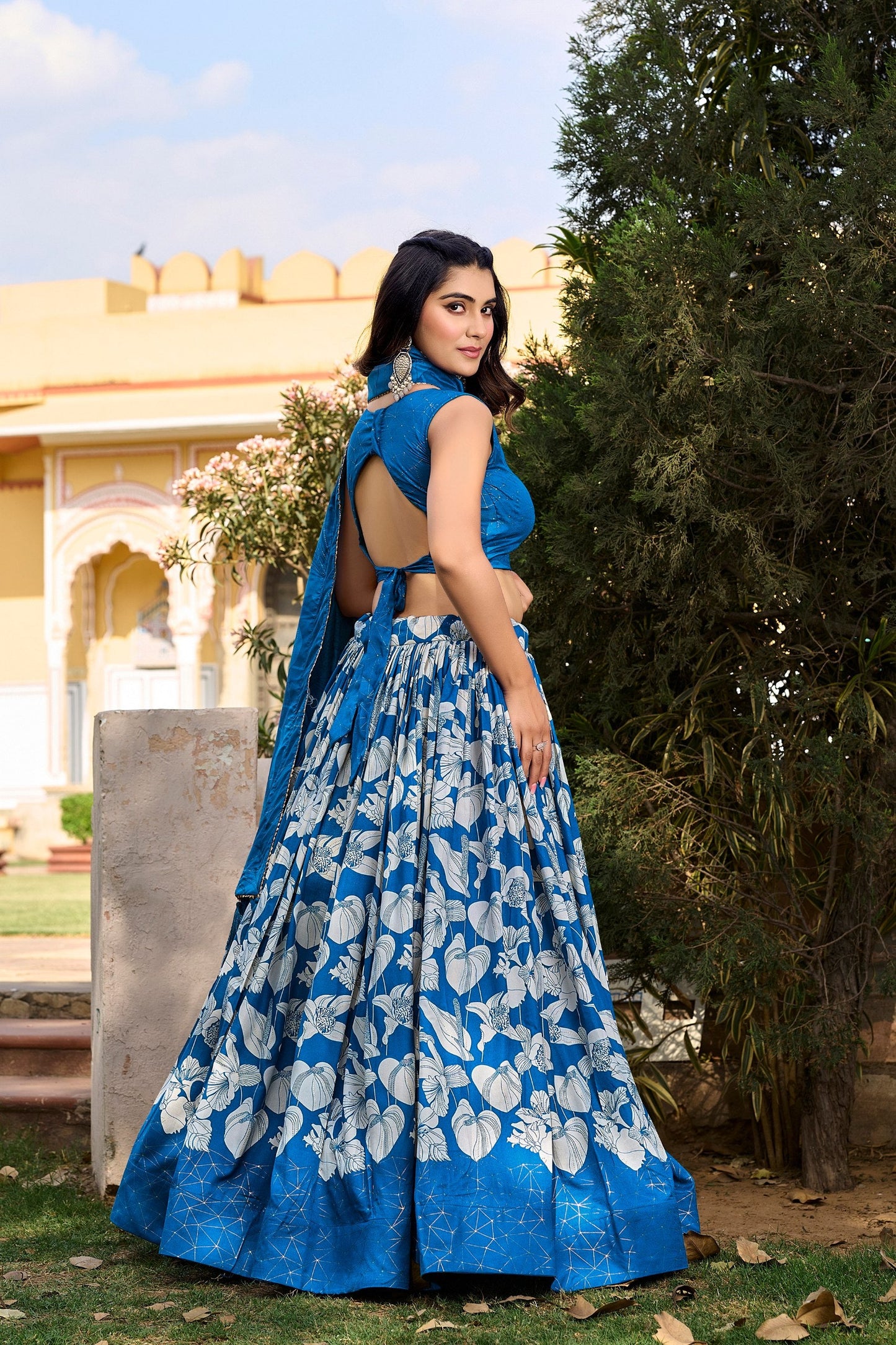 Lovely Royal Blue Tussar Silk Floral Printed Lehenga Choli Set