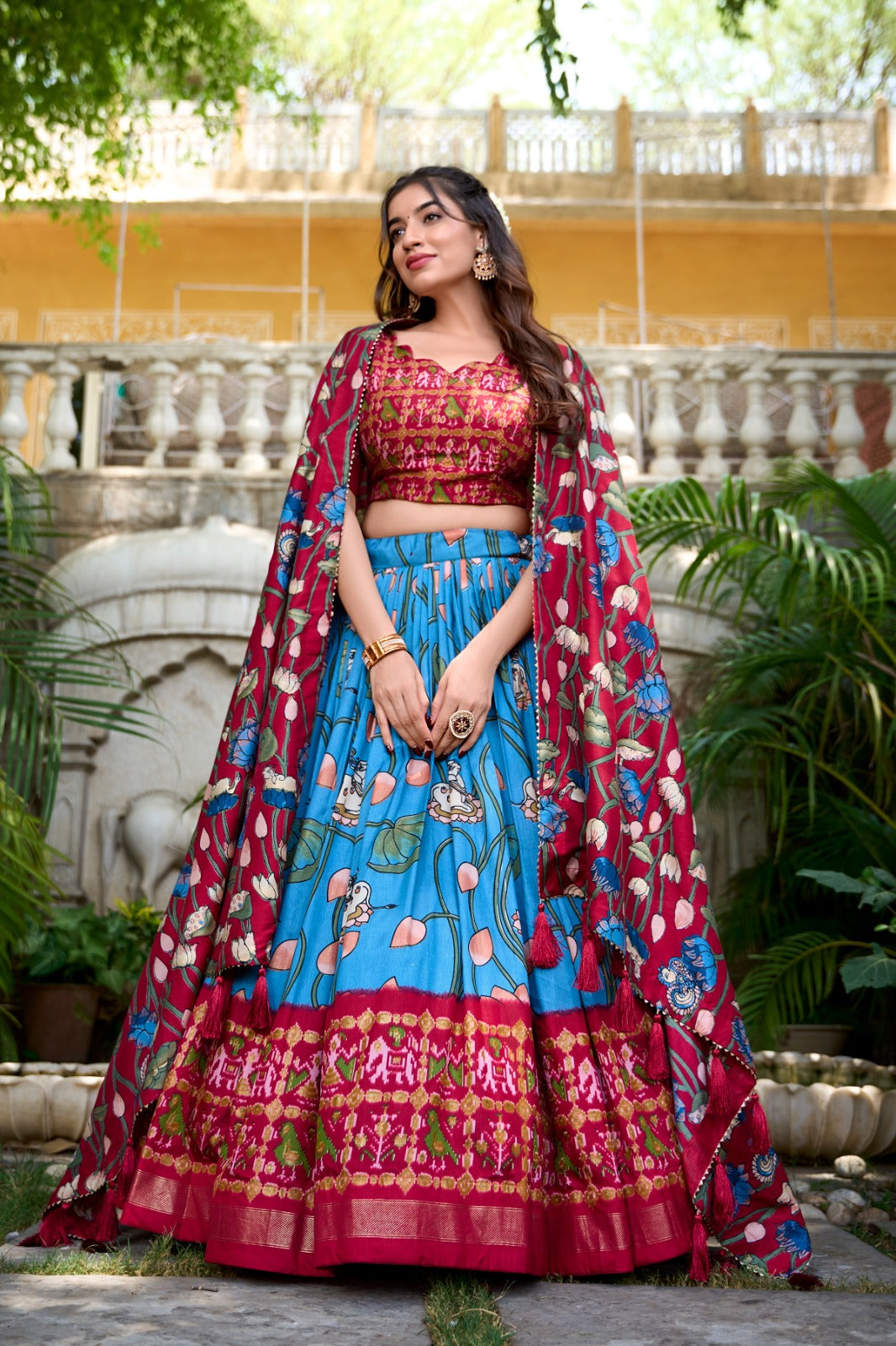 Tussar Silk Patola Print Zari Weaving Border Work Lehenga Choli