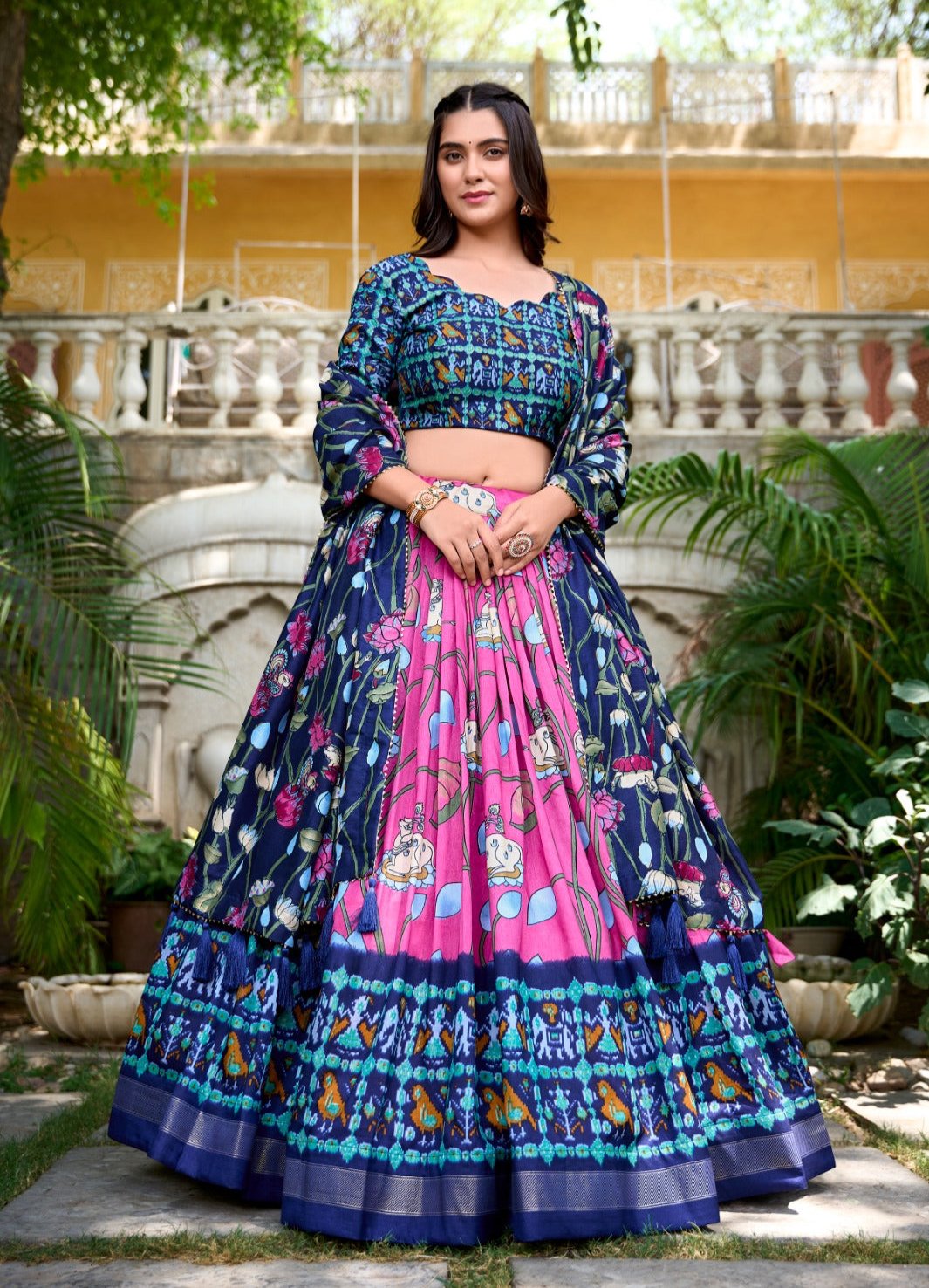 Adorable Pink Patola Print Zari Weaving Border Work Lehenga Choli