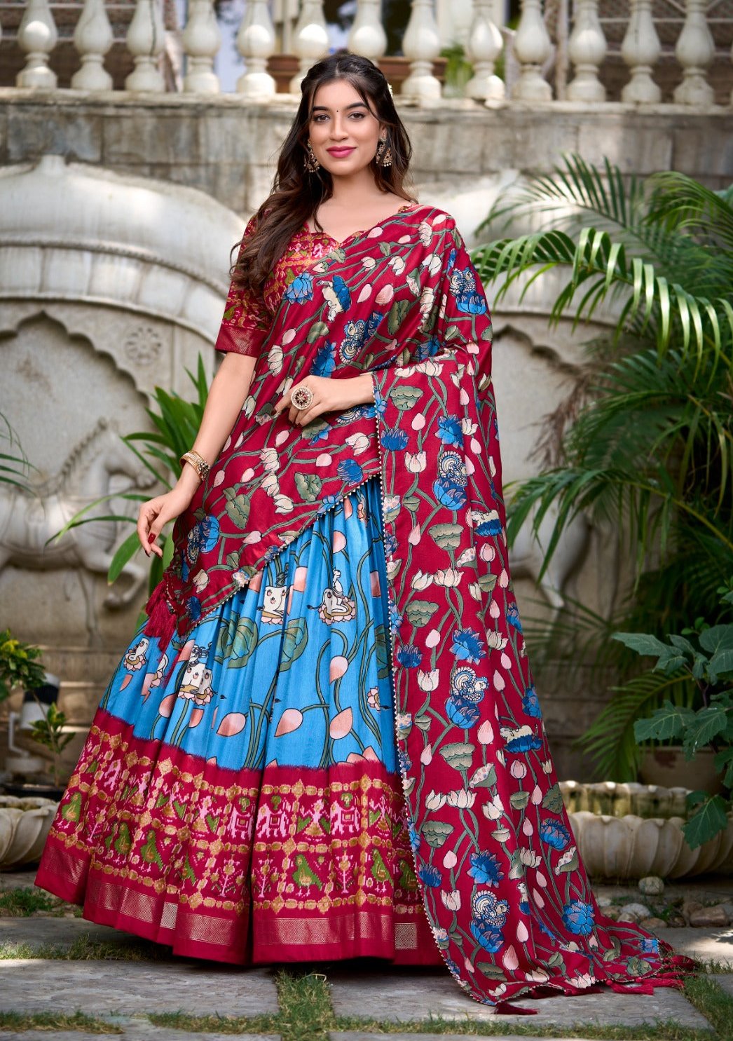 Tussar Silk Patola Print Zari Weaving Border Work Lehenga Choli