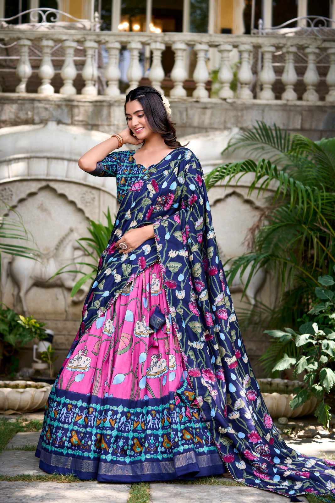 Adorable Pink Patola Print Zari Weaving Border Work Lehenga Choli