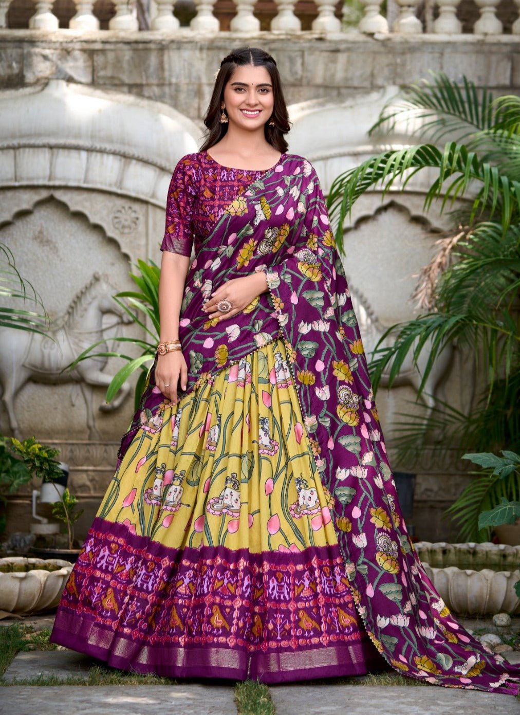 Gorgeous Yellow Patola Print Zari Weaving Border Work Lehenga Choli