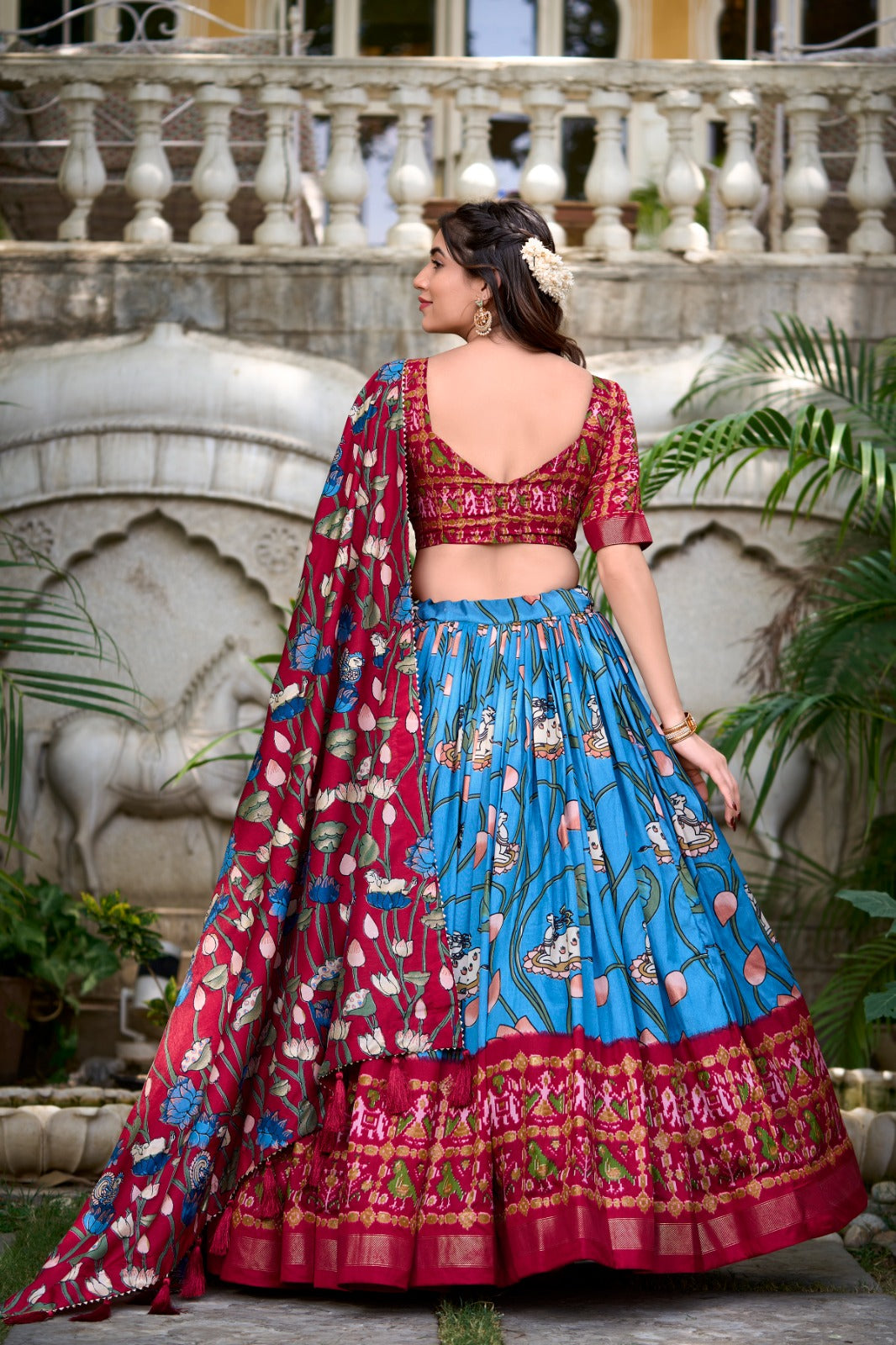 Tussar Silk Patola Print Zari Weaving Border Work Lehenga Choli