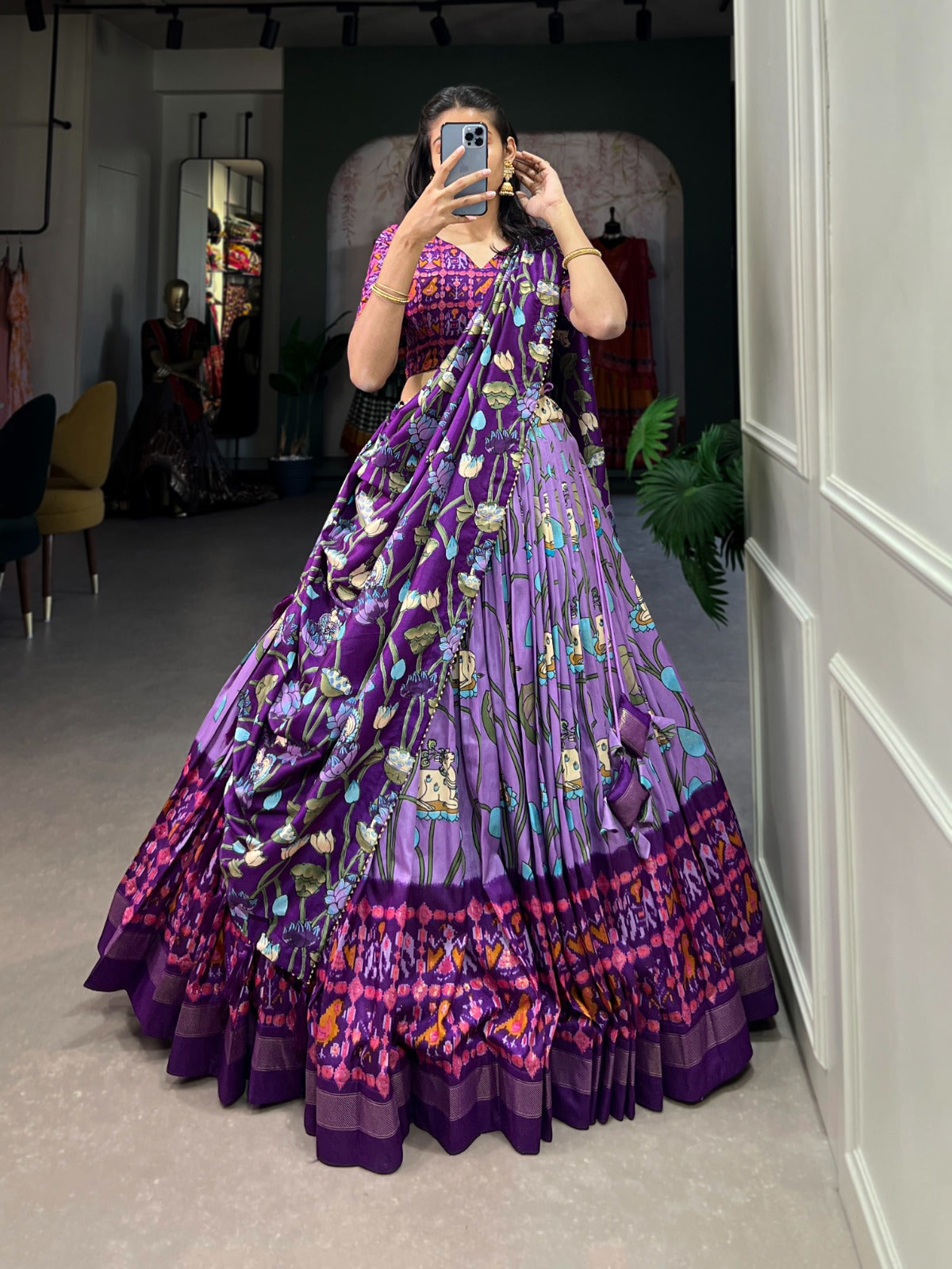 Lovely Lavender Patola Print Zari Weaving Border Work Lehenga Choli