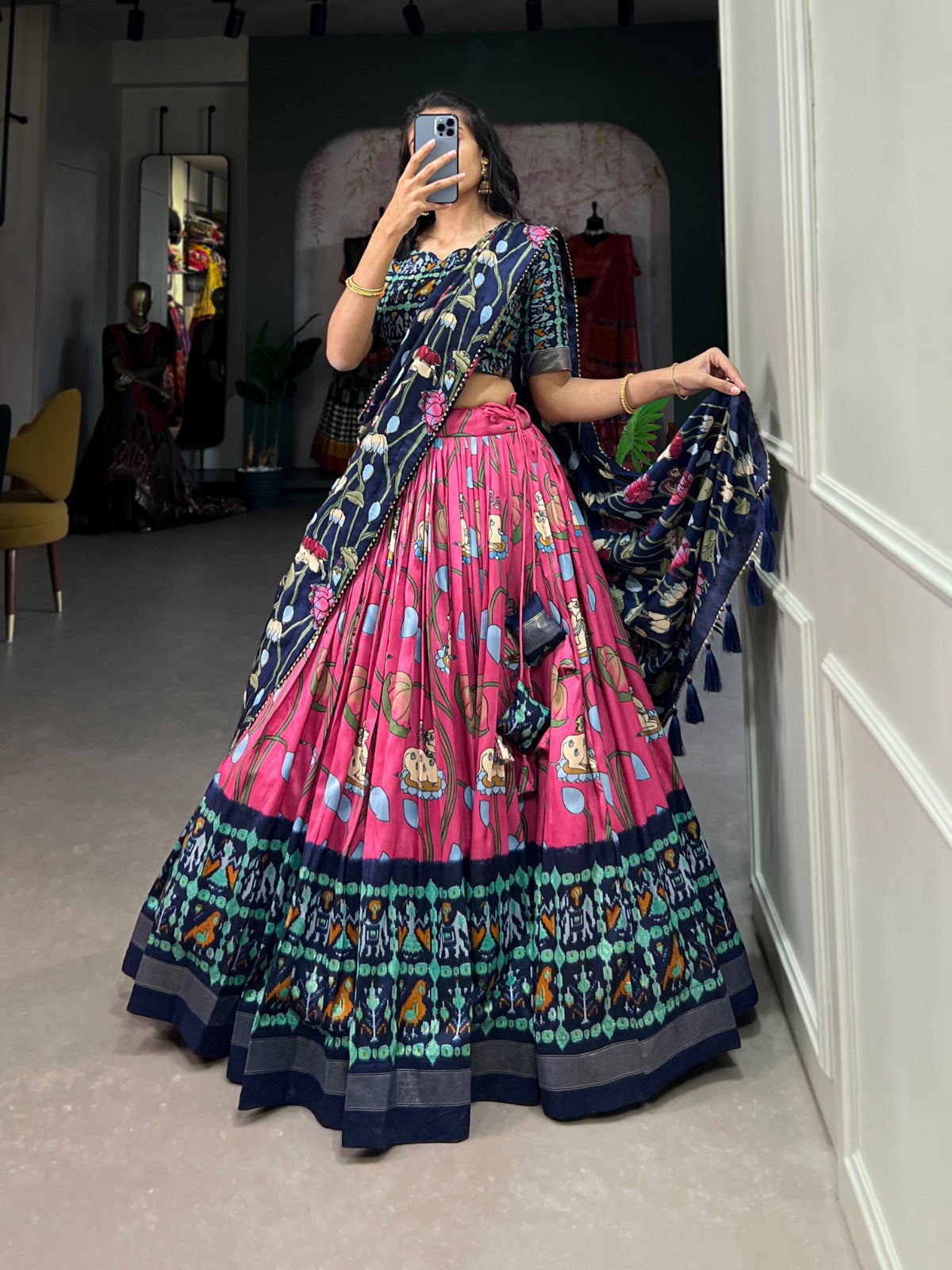 Adorable Pink Patola Print Zari Weaving Border Work Lehenga Choli