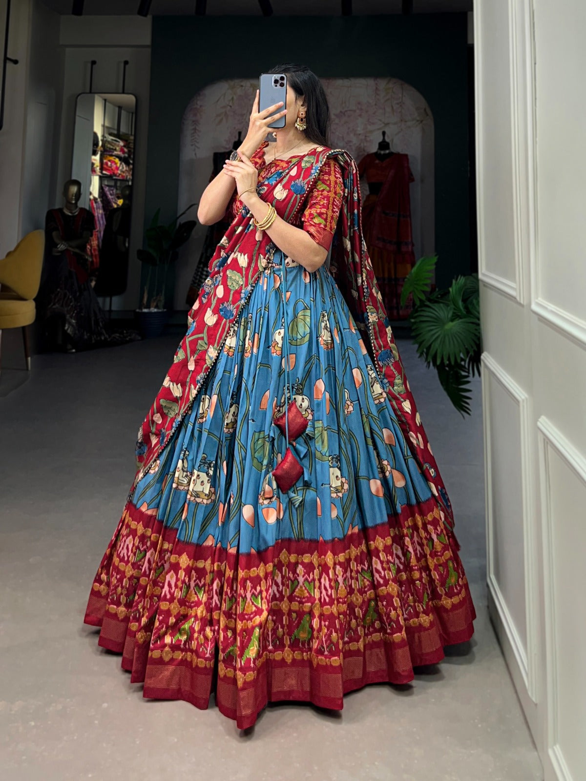 Tussar Silk Patola Print Zari Weaving Border Work Lehenga Choli