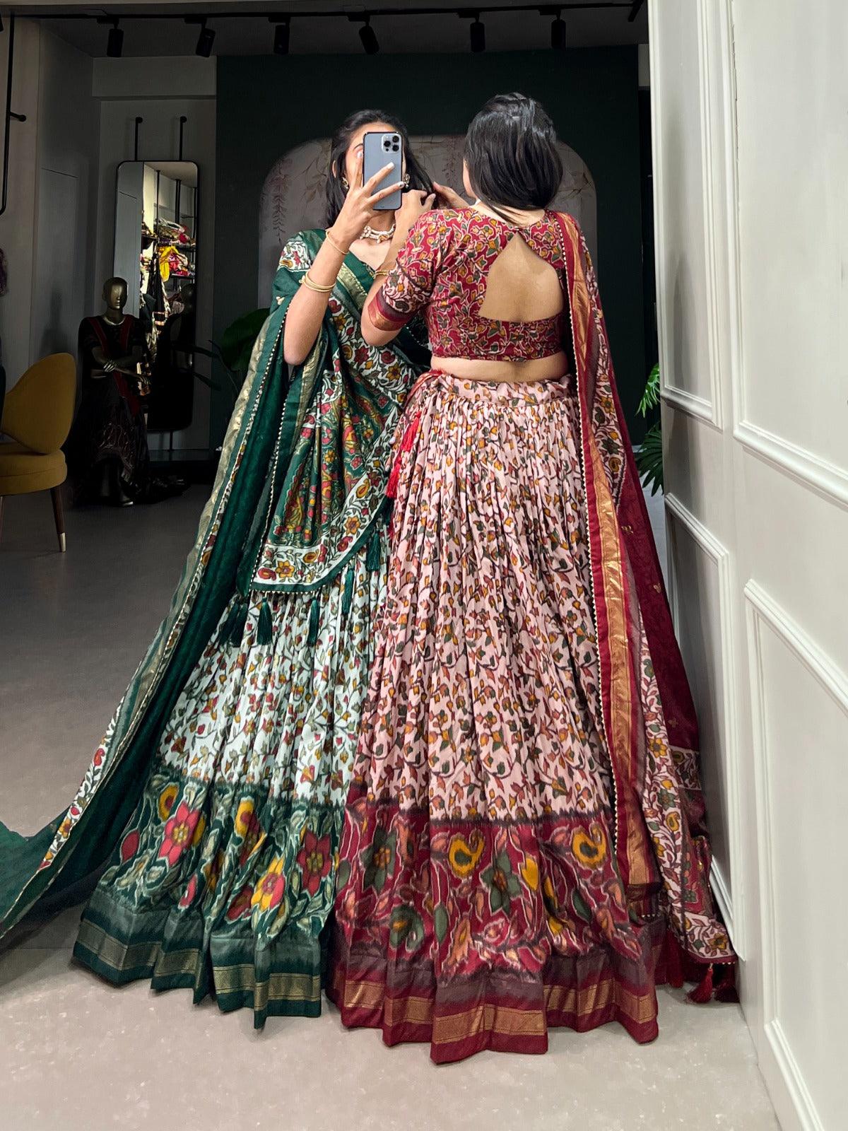 Amazing Tussar Silk Floral Printed Foil Worked Lehenga Choli Set